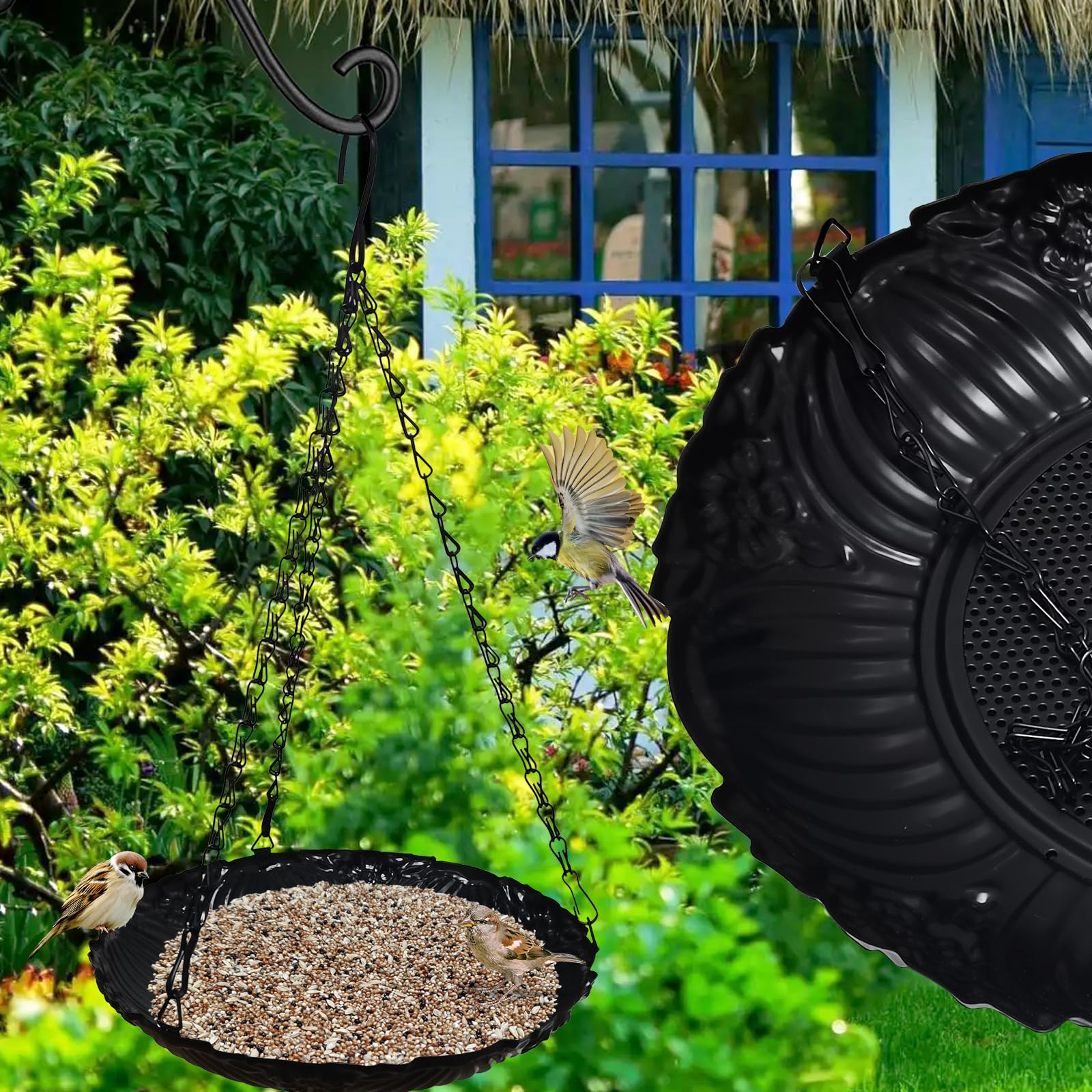 Comedero para pájaros de plataforma, comedero grande de 11 pulgadas para exteriores, bandeja colgante de metal, comederos para pájaros, 1 paquete