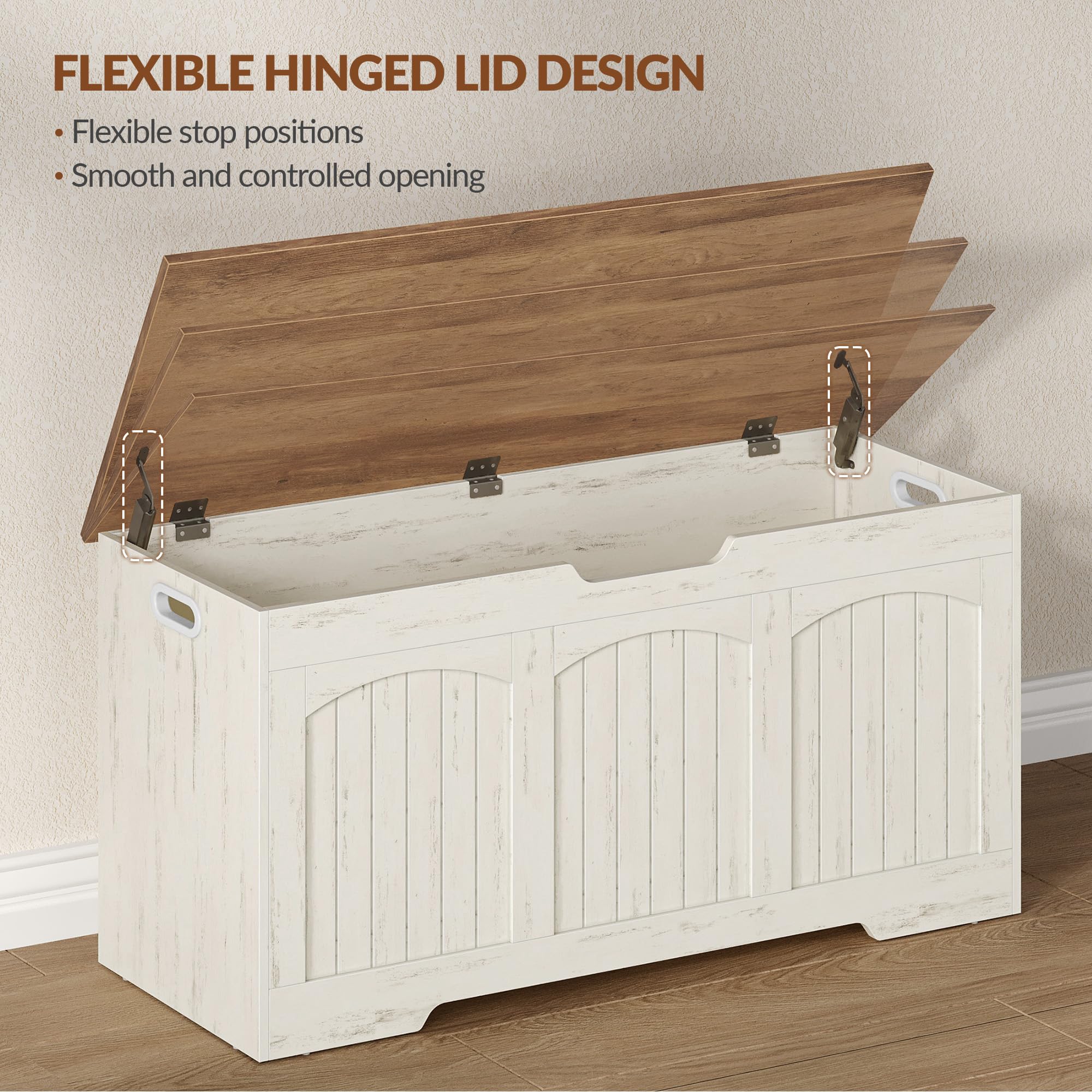 Cassapanca, Cassapanca Contenitore in Legno, Panca Contenitore con Cerniere di Stabilità, per Ingresso, Camera da Letto, Soggiorno, 100 x 40 x 48 Cm, Bianco e Marrone FFXD103PWR1