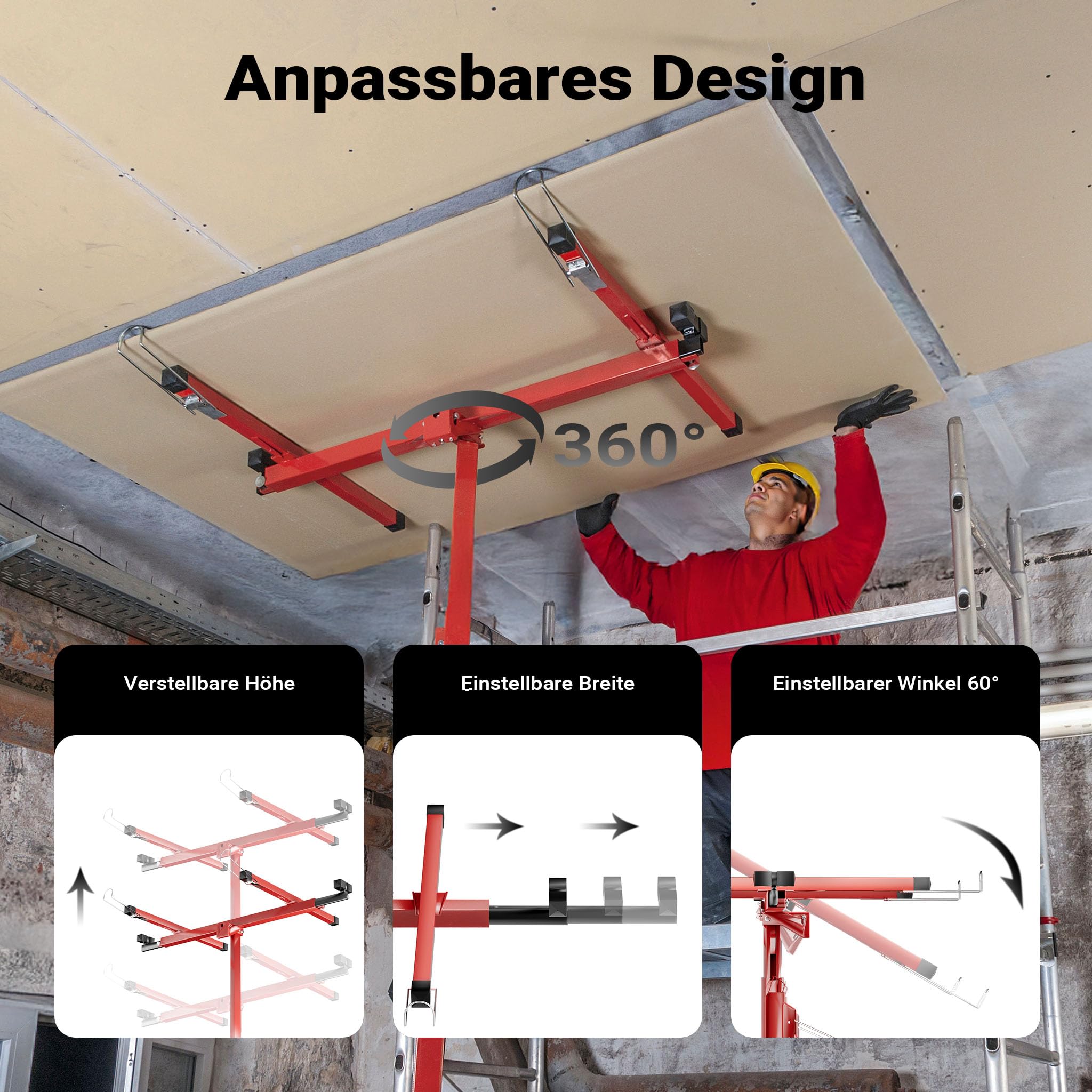 Wiltec SET XXL Plattenheber bis max. 68 kg + 140 cm Verlängerung, Höhe 140-465 cm, max. Breite 2,90 m, Montagehilfe für Trockenbau, Paneelheber mit 3 Rädern, rot