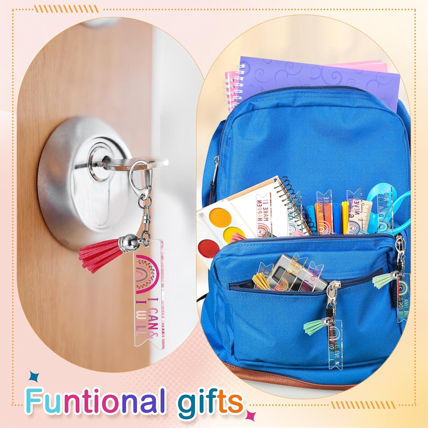 Unittype 30 Pcs Inspirational Keychains Bulk Back to School Gifts Colorful Keychains Thank You Gift for Teacher Student Staff