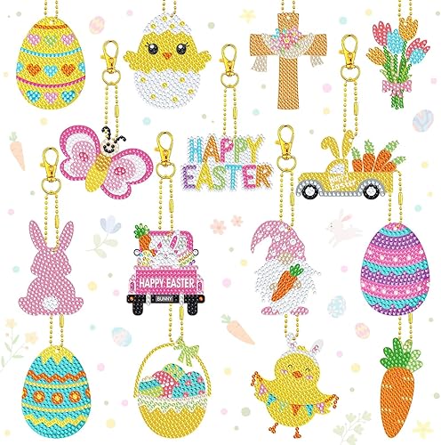 Miniatura 1 de 15 piezas de llavero de pintura de diamantes de Pascua DIY Kit de pintura de diamantes colgante kits de arte de diamantes huevo de Pascua, conejito