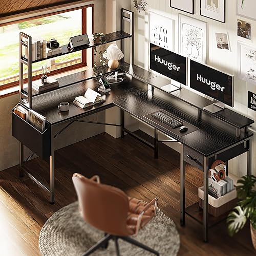 Miniatura 2 de Huuger Escritorio en forma de L para juegos con luces LED y tomas de corriente, escritorio de computadora con estantes de almacenamiento, escritorio