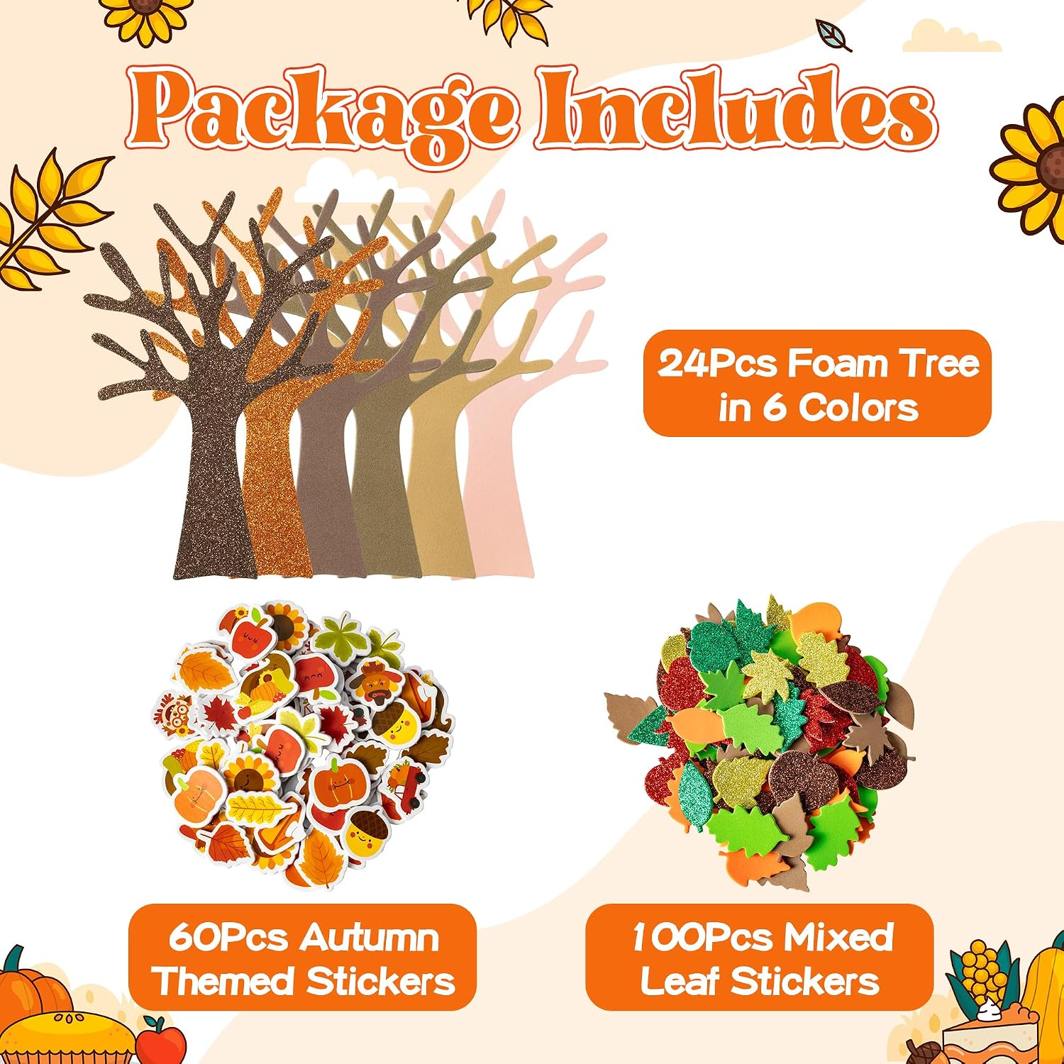3sscha 24 Pack Fall Themed Foam Tree Sticker Craft for Kids - DIY Self-Adhesive Leaves Pumpkin Acorn Glitter Sticker Art Project Thanksgiving Classroom Home Activity Decor Autumn Party Favor Supplies