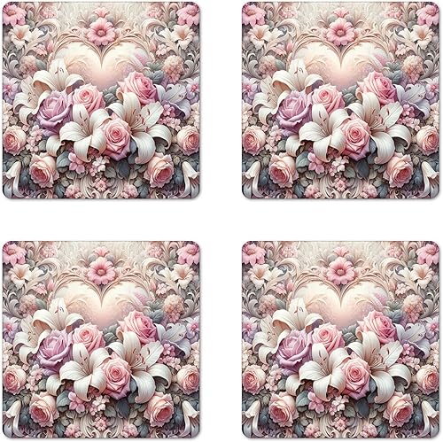 Ambesonne Royal Love Garden - Juego de 4 posavasos románticos, rosas florecientes, margaritas, lirios, flores, tonos pastel, posavasos cuadrados