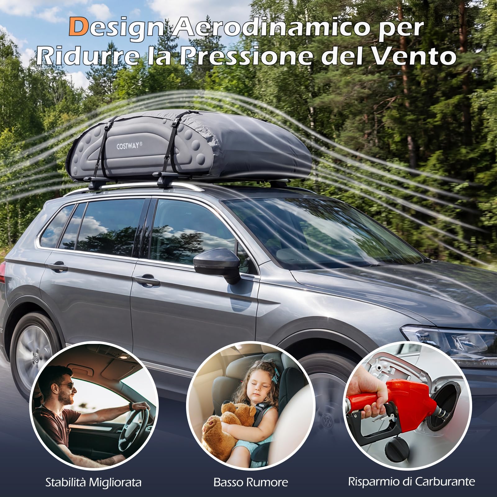COSTWAY Borsa da Tetto per Auto Impermeabile 14Cu.Ft/400L, Box Tetto Universale Pieghevole con Borsa+ 4 Cinghie Rinforze+ 4 Ganci, Portabagagli per Tutti i Veicoli con/senza Barre Portapacchi (Grigio)