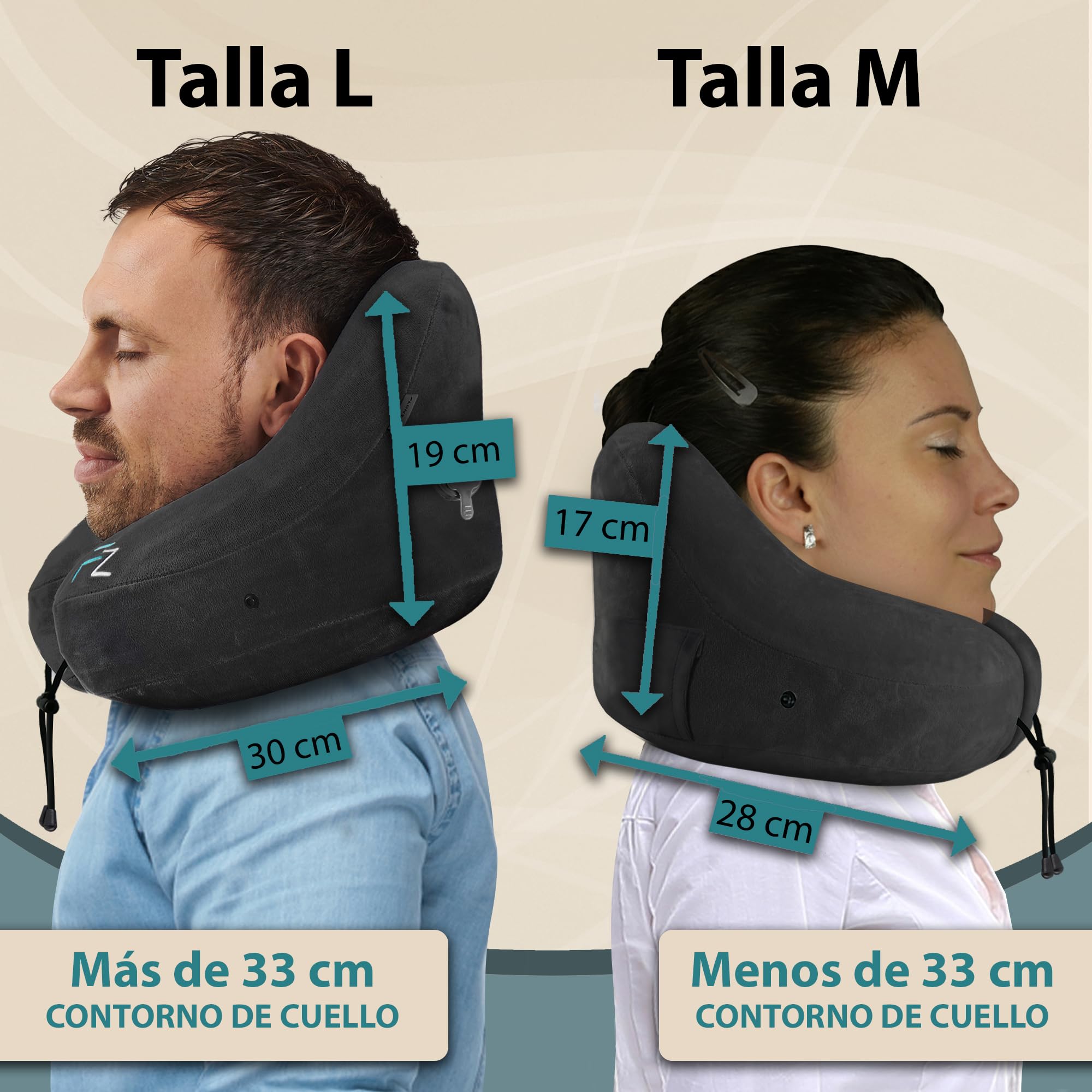 FLOWZOOM Almohada de Viaje Hinchable para Mujeres - Cojín de Cuello con Capucha de Felpa para Máxima Privacidad y Confort Avión, Tren y Coche - Talla M - Negro