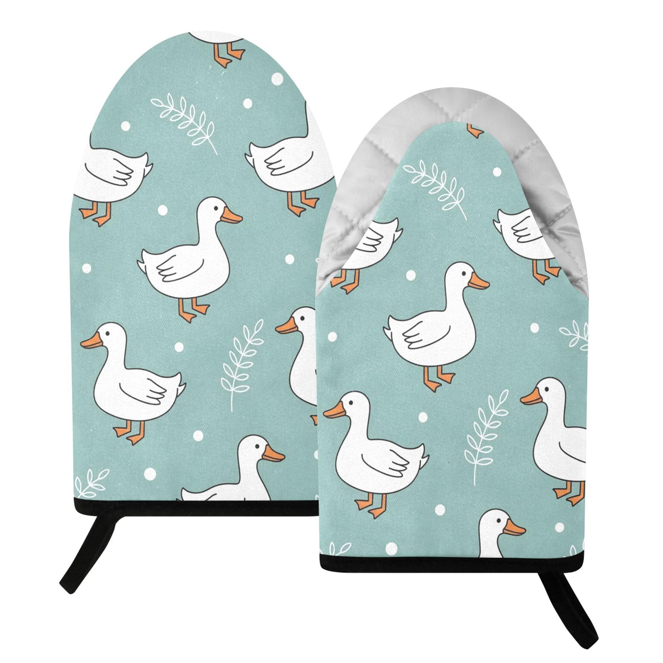 Kutsu Cute Duck Oven Mitts for Kitchen, Heat Resistant Cotton Oven Gloves for BBQ Baking Cooking, Breathable Kitchen Essentials, 2 pcs
