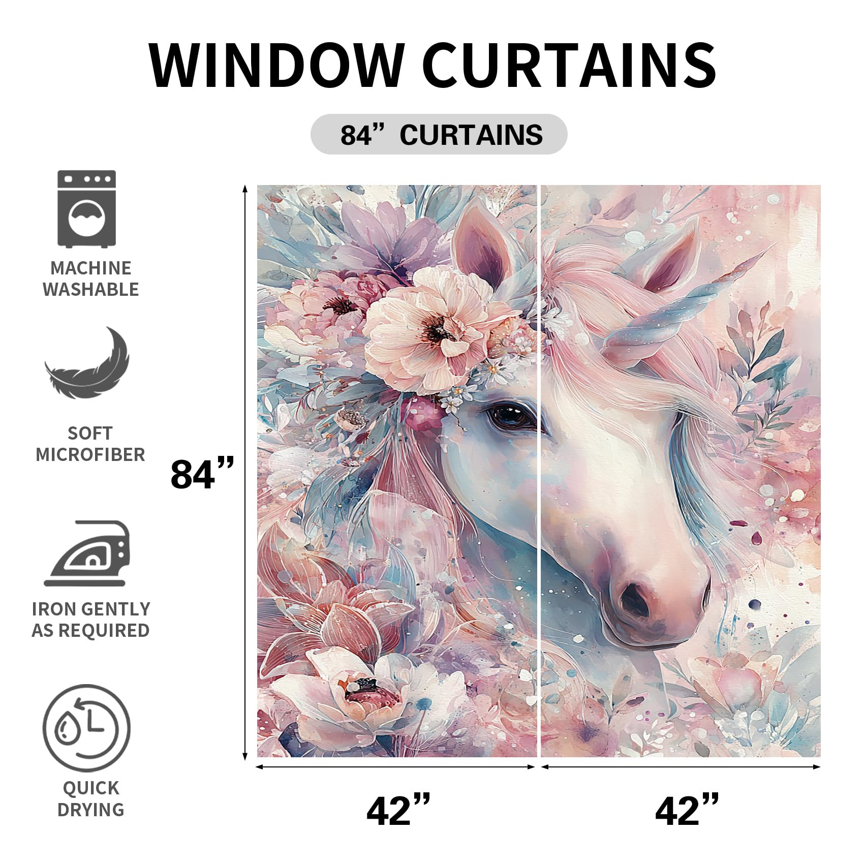 Rideau Occultant Licorne, Fleurs Aquarelle Rose Rideau Thermique Tenture Opaque à Oeillets, Enfants Filles Rideaux Decoration Chambre Maison Salon Intérieurs, 117x183cm, 2 Pièces, M141z