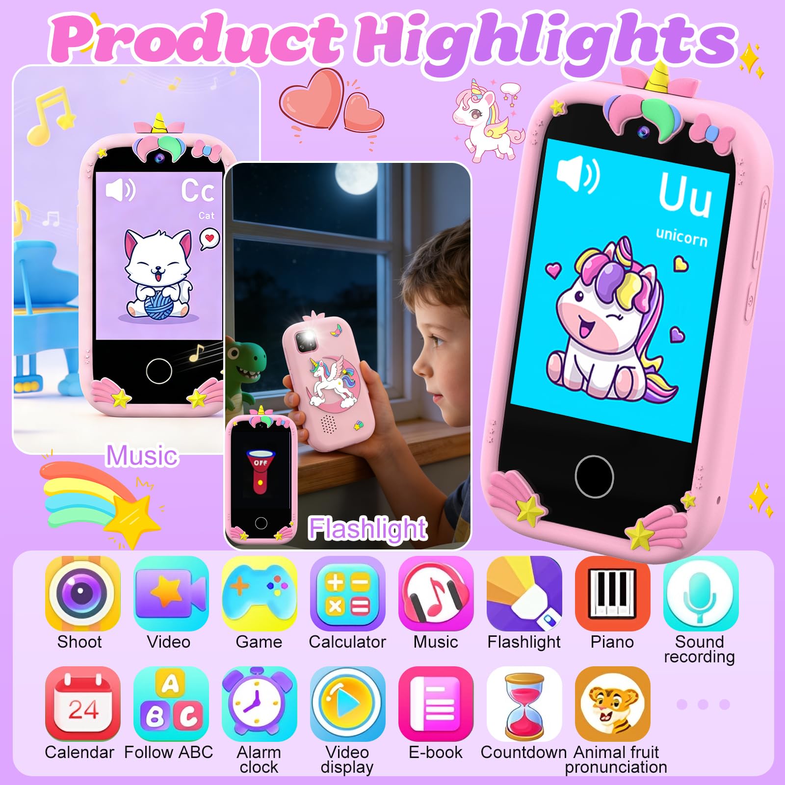 3T6B Smartphone Niños, Teléfono Móvil para Niños con Doble Cámara, Pantalla táctil de 2,8 Pulgadas, Música y Juegos, Tarjeta SD de 32 GB, Cumpleaños para Niñas y Niños de 3-10 Años - 4