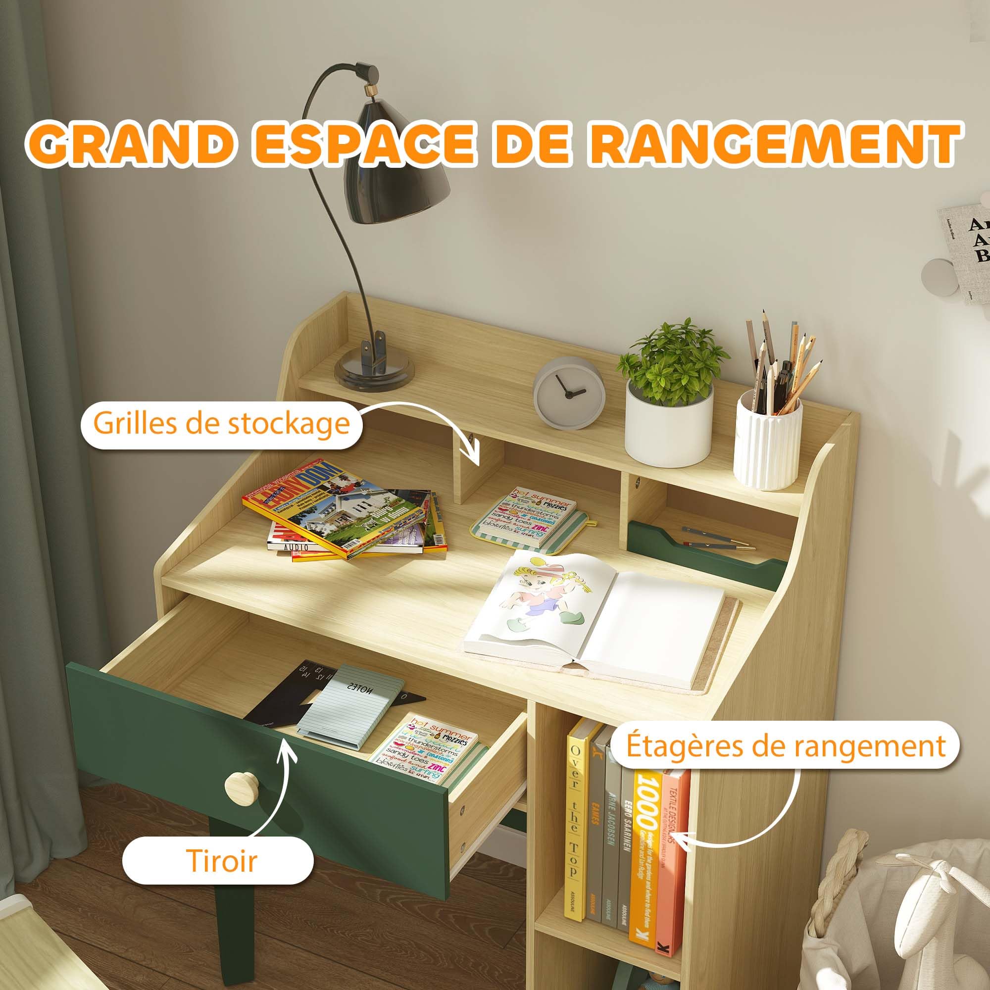AIYAPLAY Ensemble Bureau et Chaise pour Enfant 3 à 10 Ans, Bureau Enfant Garçon Fille avec Chaise et Étagères, Table pour Étude et Travail, Vert et Bois Naturel