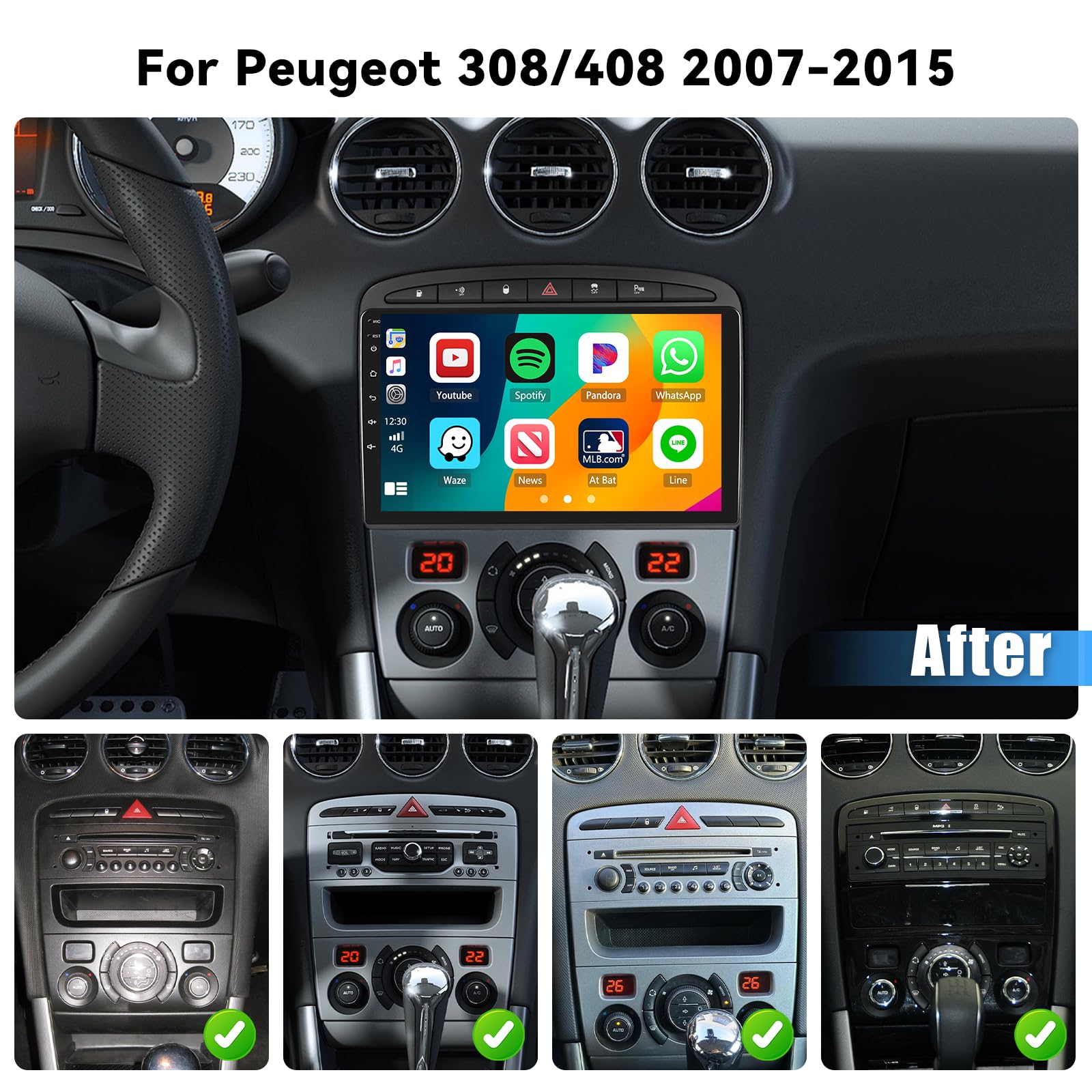 5G WiFi 4+64G Android Radio de Coche para Peugeot 308/408 2007-2015 Inalámbrico Carplay, 9 Pulgadas IPS Pantalla Táctil Autoradio Bluetooth Android Auto GPS FM/RDS Cámara Trasera