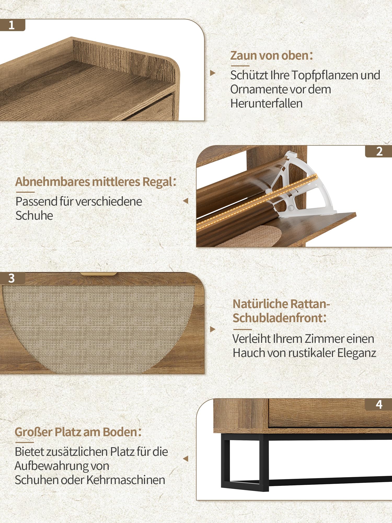BonVache Rattan Schuhschrank Schmal, Boho Schuhkipper Holz mit 2 Klappen & Verstellbar, Platzsparendes Schuhregal Schuhaufbewahrung für Eingang & Wohnzimmer, 80x24x102 cm