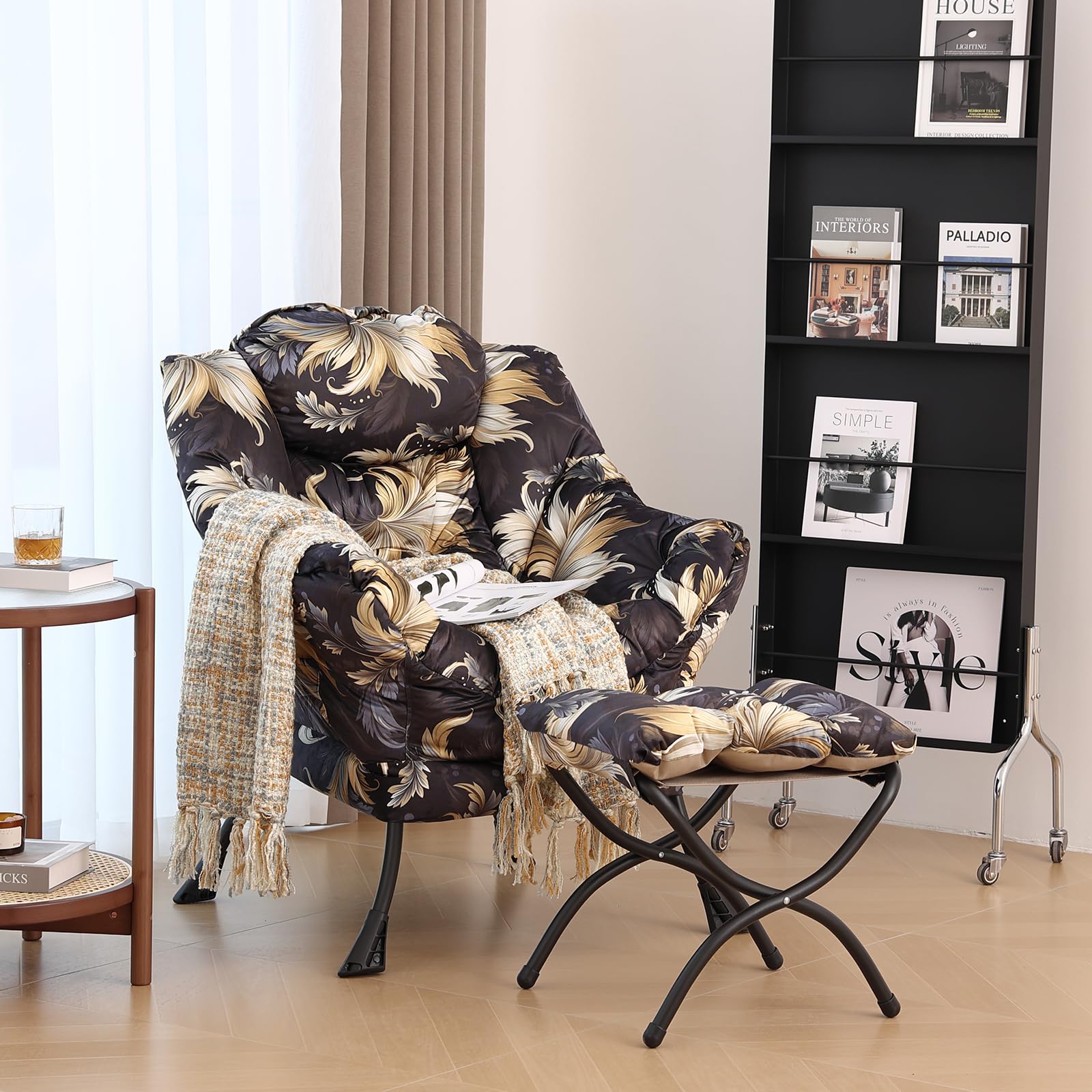 Tiita Modern Lazy Chair With Ottoman – Foldable Footrest, Floral Upholstered Accent Chair With Side Pocket, Light Grey