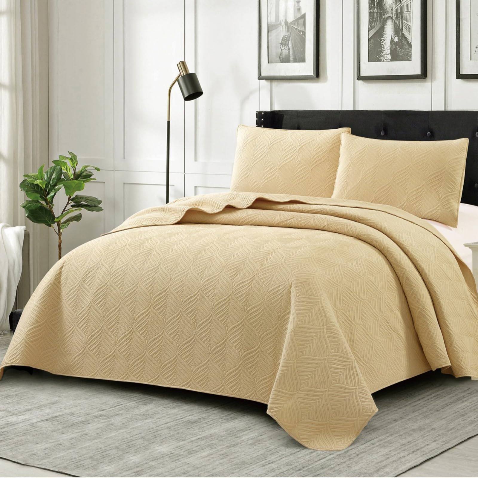 E-yimeng Quilted Bedspread Embossed Pattern Comforter Bedding Set Reversible Lightweight Soft Microfiber Coverless Quilt Coverlet for All Seasons Linens Khaki 220x240cm