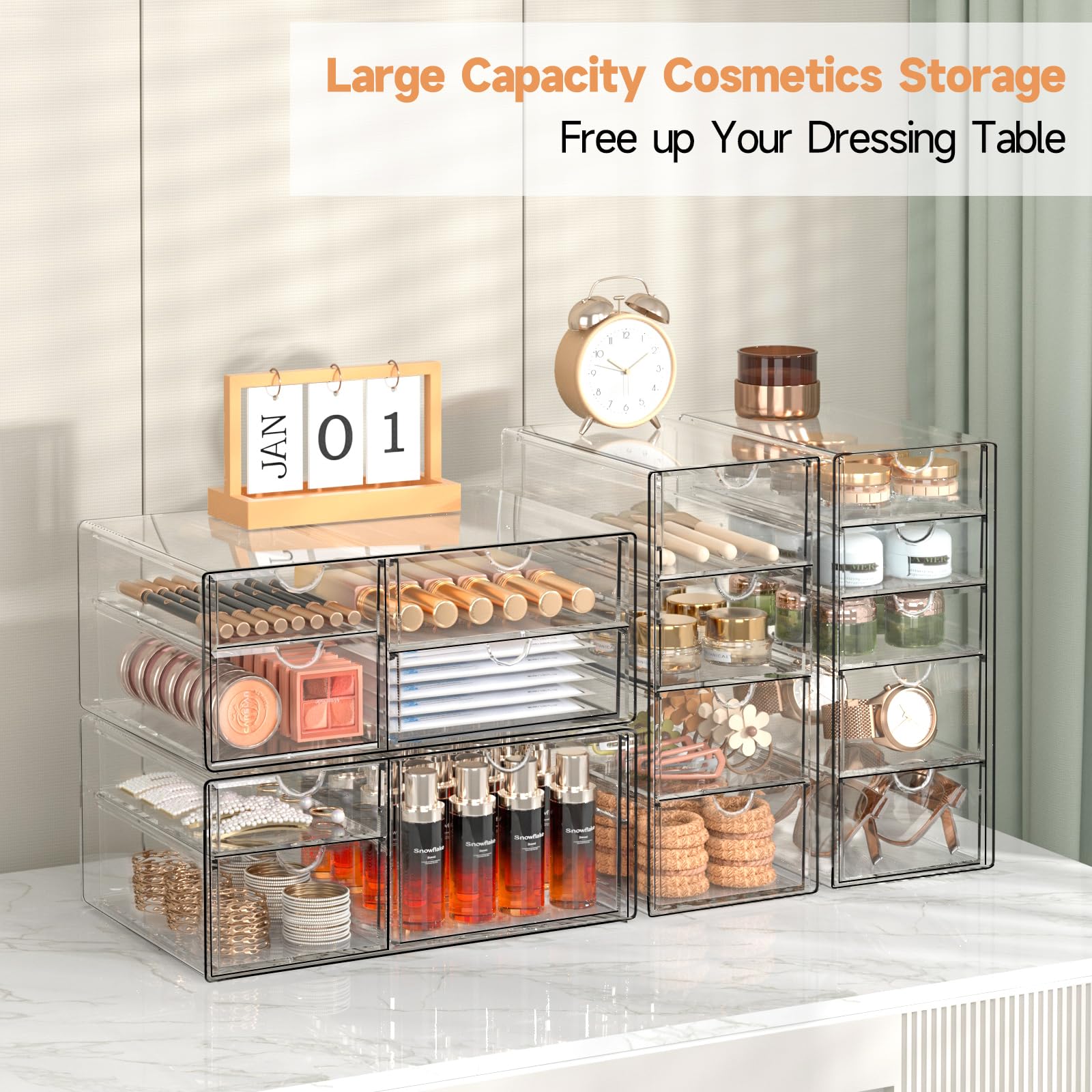 DOMNIU Make-up-Organizer mit 16 Schubladen, 4er-Set, Acryl, Büro-Schreibtisch-Organisation und Aufbewahrung, staubdichter Schubladen-Organizer für Make-up, Büro, Arbeitsplatte, Schmuck, Stift Kosmetik
