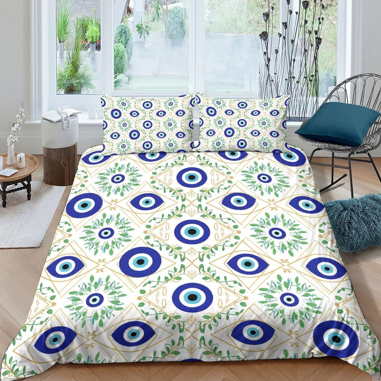 TUFRTGYHN 3D Printed Evil Eye Duvet Cover Microfiber Soft Breathable Boho Mandala Bedding Set with 2 Pillowcases for Bedroom Decor Single（135x200cm）