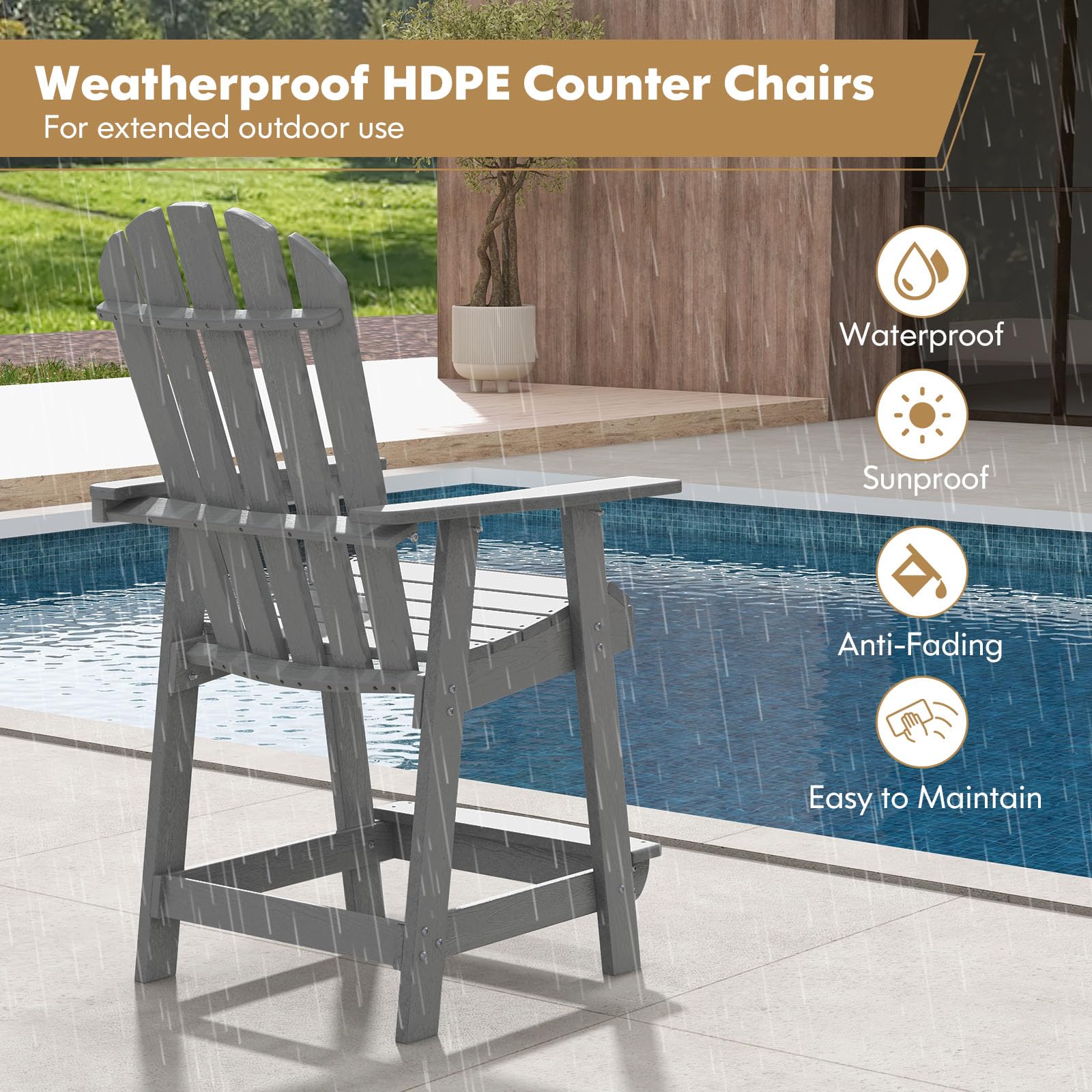 GIANTEX Adirondack Stuhl Hoch mit Fußstütze, Hochstuhl Gartenstuhl Balkonstuhl wetterfest aus HDPE, Barstuhl mit Armlehnen & lamellierte Sitzfläche & Rückenlehne, Outdoor Adirondack Chair 70x85x119 cm