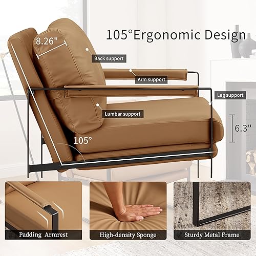 Miniatura 3 de Art Leon Silla decorativa de cuero genuino, silla moderna de mediados de siglo, sillón con patas de metal negro, silla lateral individual para sala