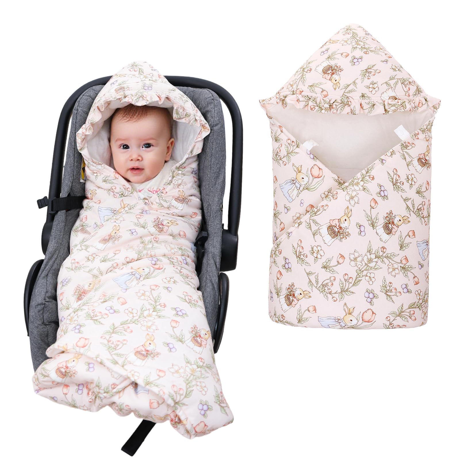 LAT Einschlagdecke für Babyschale, 90 * 90CM Universal Babydecke für Neugeborene, Kuscheldecke mit Kapuze Babydecke für Kinderwagen Buggy Autositz (Kaninchen und Blumen)