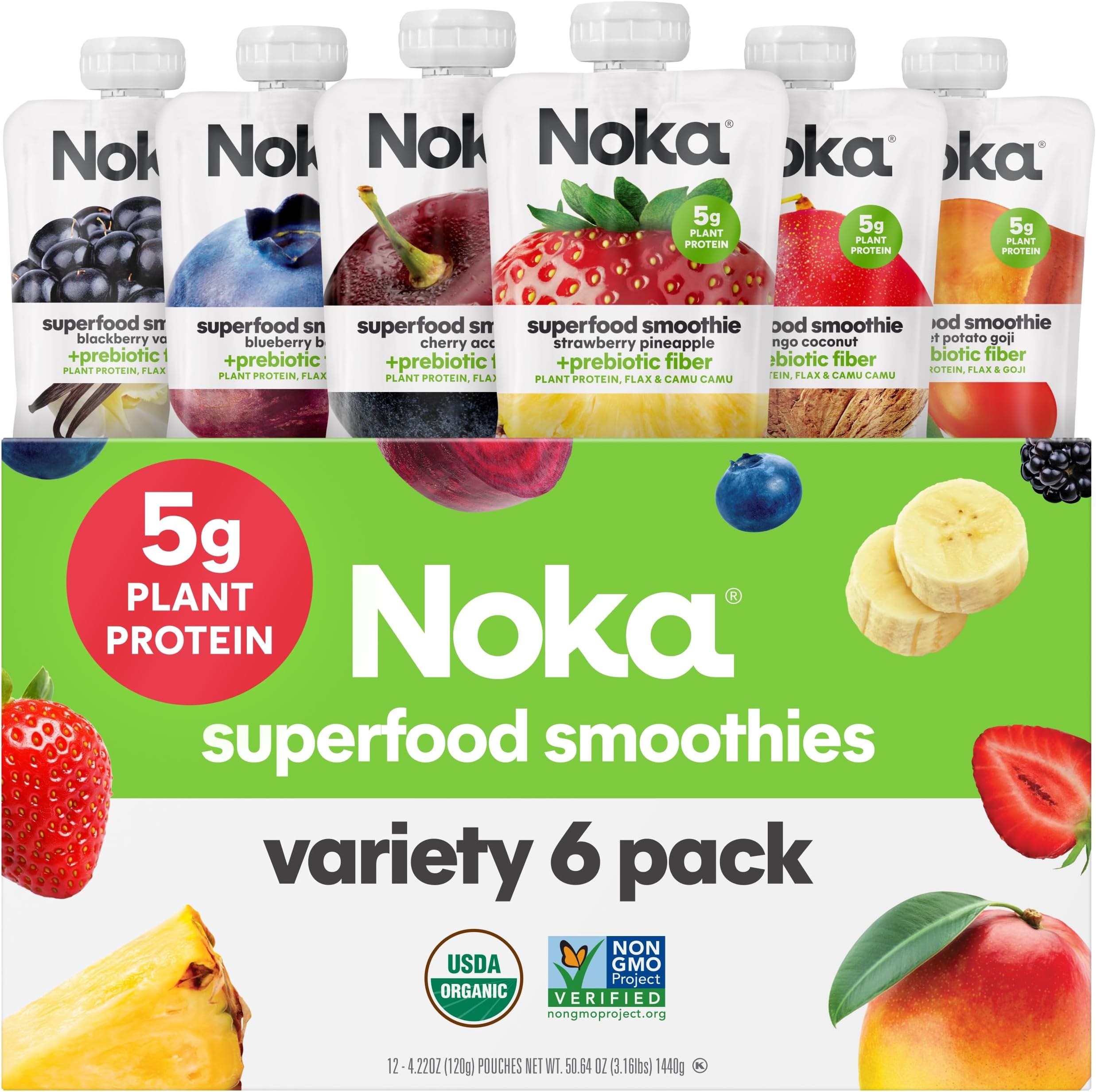 Noka Superfood Fruit Smoothie Pouches Variety Pack, Healthy Snacks with Flax Seed, Plant Protein and Prebiotic Fiber, Vegan and Gluten Free Snacks, Made in USA, Organic Squeeze Pouch, 4.22 oz, 6 Count