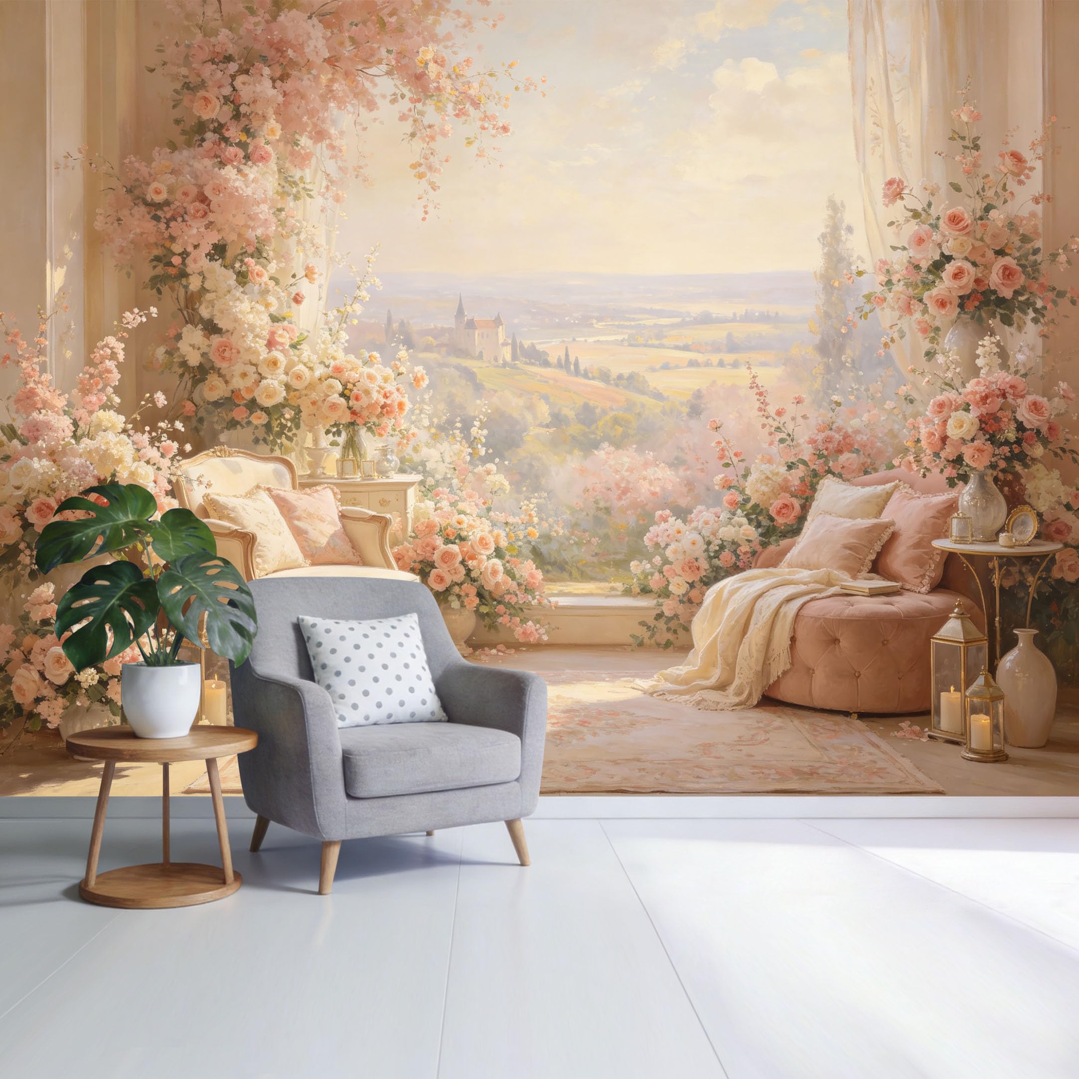 Custom Size Wall Mural Romantic Floral Landscape Pastel Blossom Garden View Vintage Style SelfAdhesive Wall Fabric Removable Wallpaper for Home Office Decor