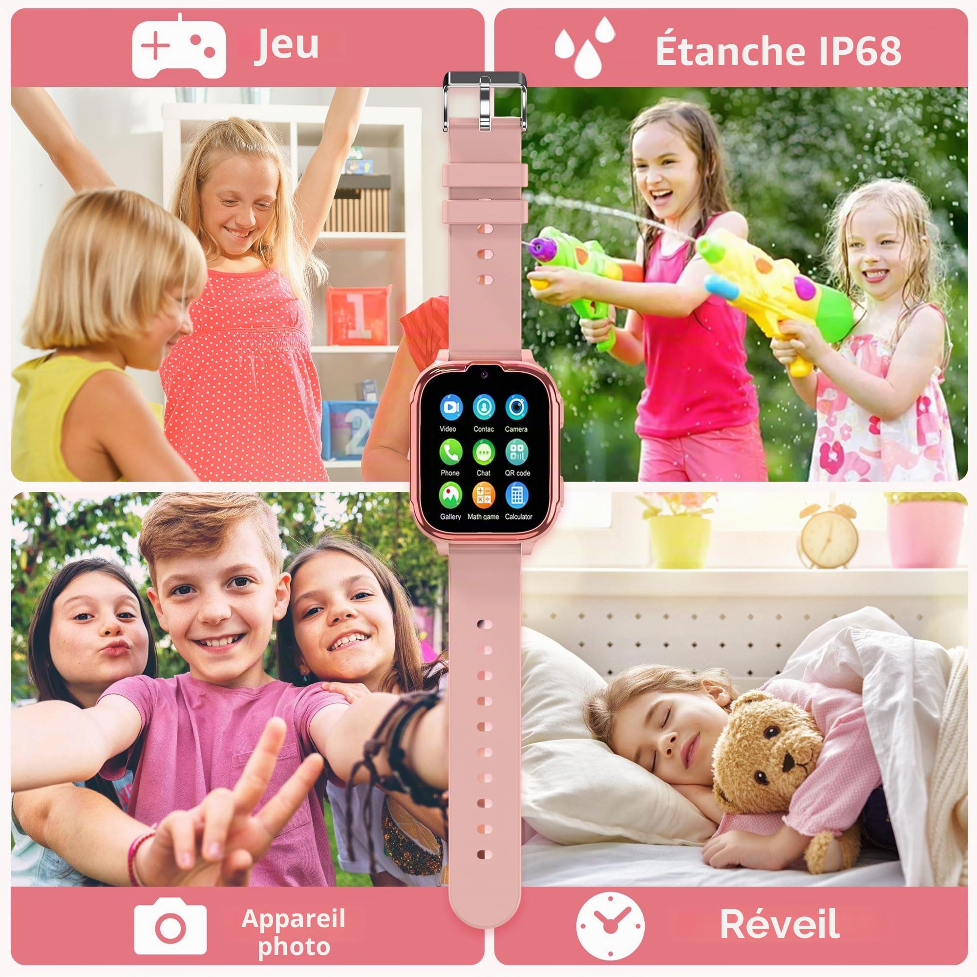 Montre Connectée Enfant 4G/GPS/WiFi/Appel Vidéo/IP68 | Montre GPS Enfant Fille Garçon avec Téléphone Chat Familial SOS, Jeux Réveil, Mode Classe, Montre Intelligente Enfants Cadeau