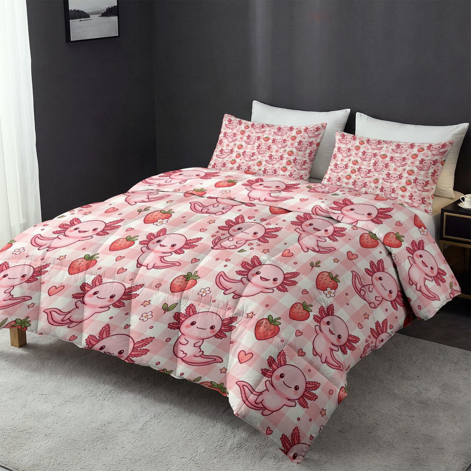 Piumino senza rivestimento, 200 x 220 cm, trapunta invernale traspirante per cameretta dei bambini, motivo animali, cibo, cartone animato Axolotl e fragola, in morbida microfibra, calda coperta