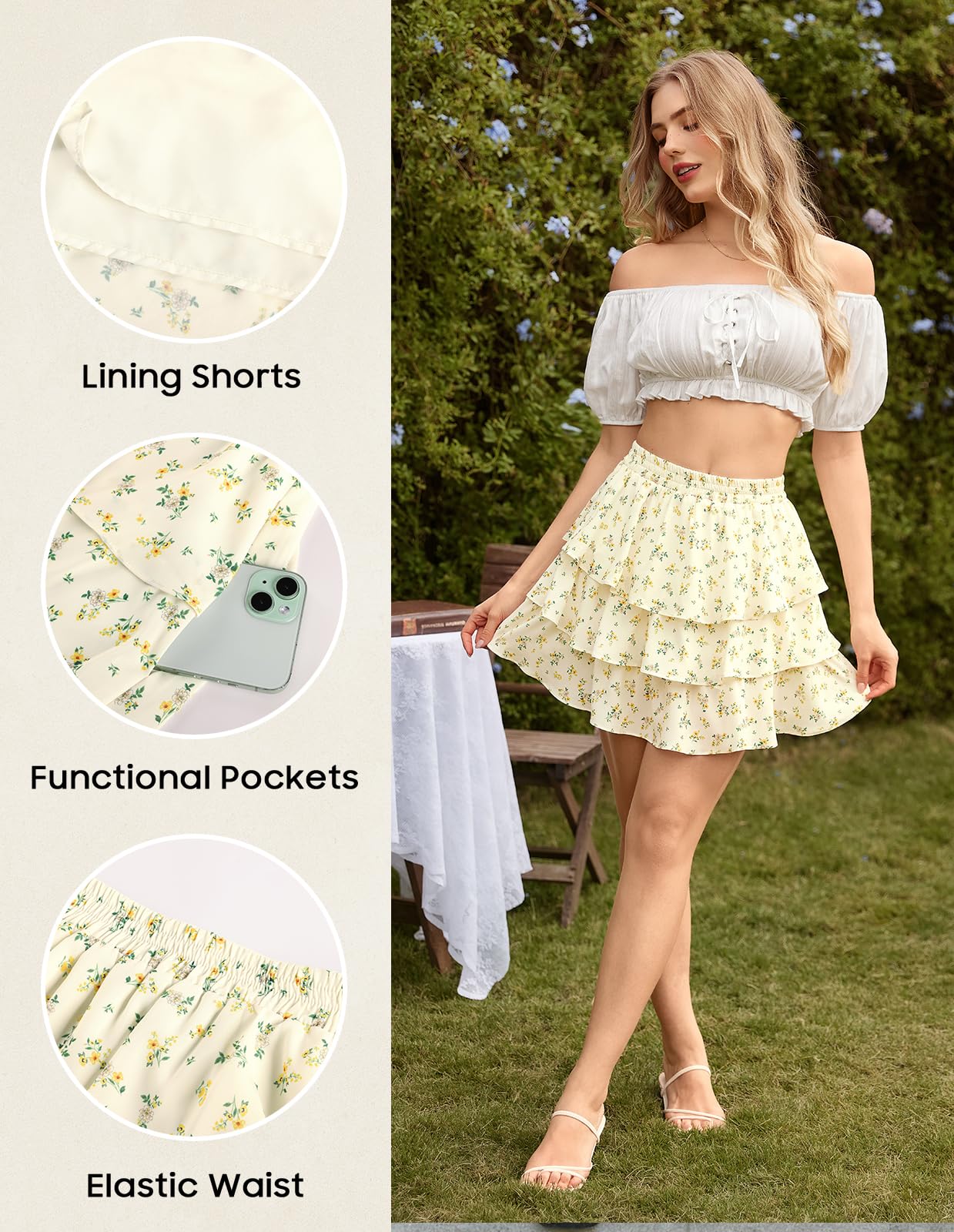 SCARLET DARKNESS Minifalda de gasa floral para mujer, cintura elástica, falda de verano con pantalones cortos para playa, club, fiesta