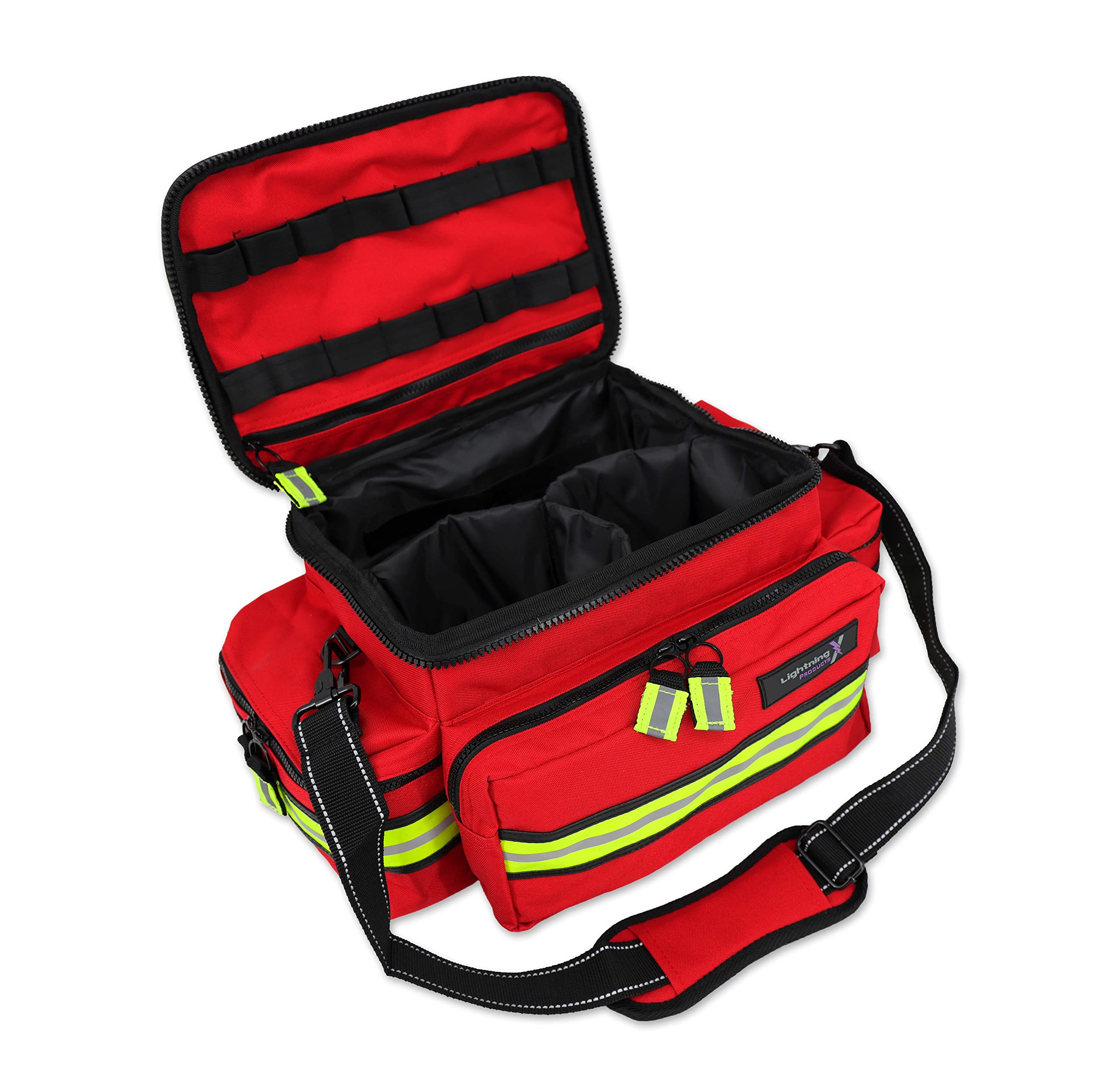 Lightning X Medium First Responder EMT Bag | LXMB25 | w/Reflective, Shoulder Strap & Zippered Compartments for First Aid + Trauma Supplies - RED
