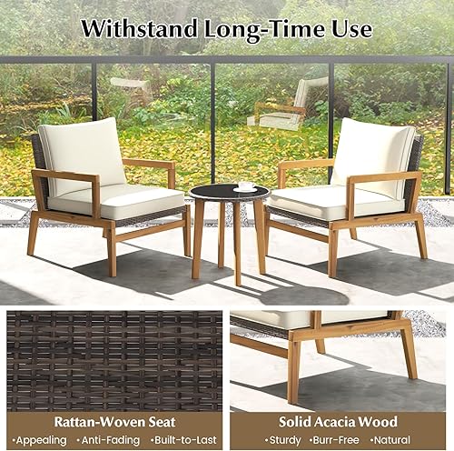 Miniatura 6 de Tangkula Juego de sillas de patio de 3 piezas, juego de sillas de mimbre y mesa auxiliar con cojines suaves y mesa de vidrio templado, soporte de