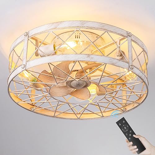 Ventilador de techo enjaulado de montaje empotrado con luces, ventiladores de techo de granja de 20 pulgadas con control remoto, ventilador de techo