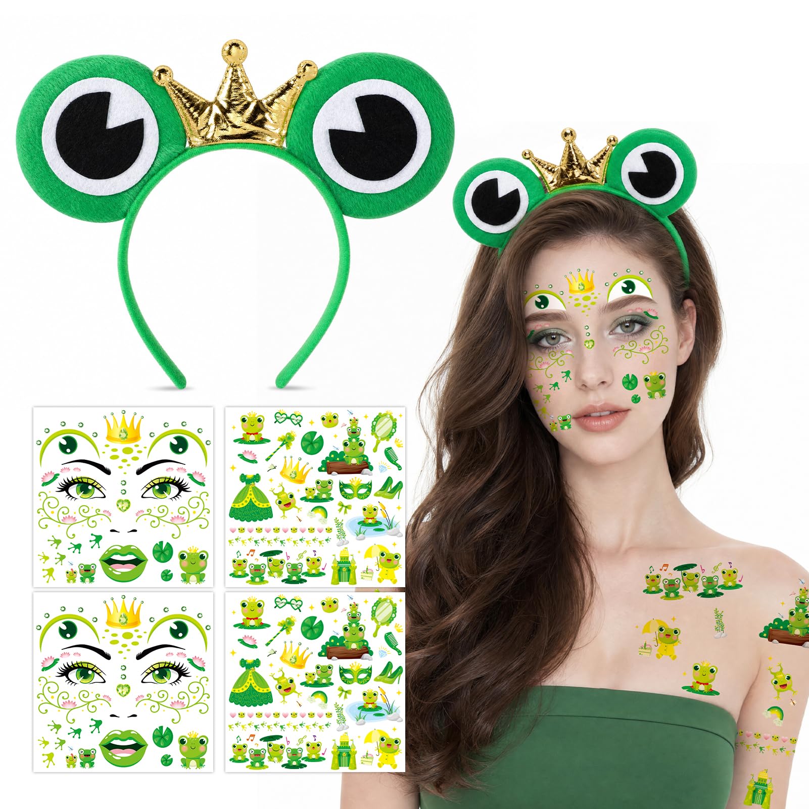 HOWAF Frog Headband & Halloween Face Tattoos Sticker, Frogs Princess Headband for Frog Costume, Carnival Halloween Costume Women Men — image 1