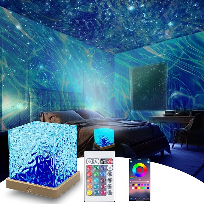 DOLIIUY Northern Light Lamp, Wave Ocean Water Projector Lights, 16 Colors Gradual Rotating Flame Water Lamp, with APP & Remote Control & Charge, for Bedroom/Party/Game Rooms/Office/Bar (Square)