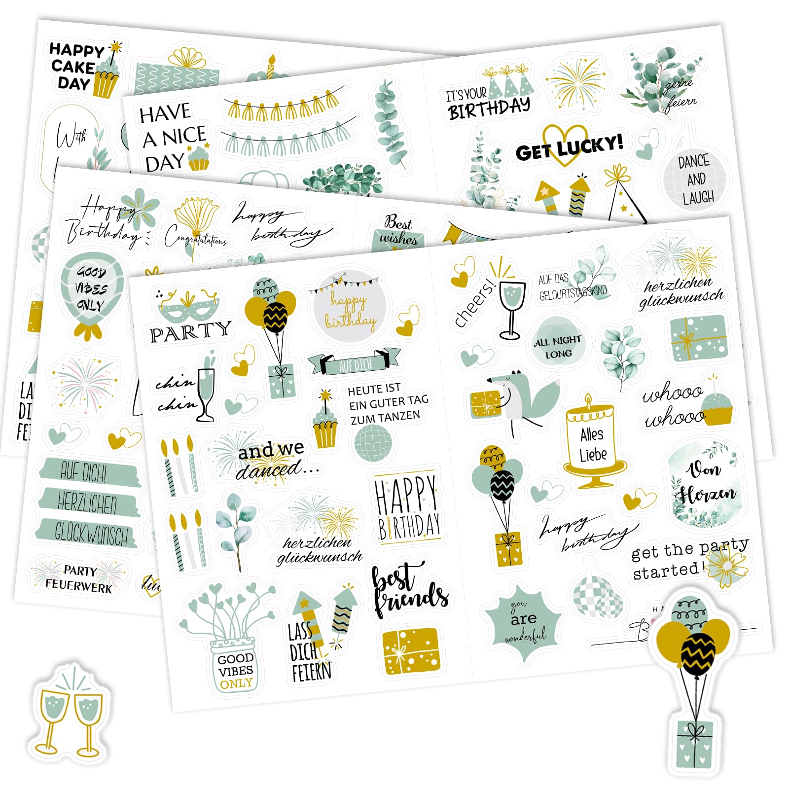 Ychsring Happy Birthday Stickers - Green 4 Sheets Die-Cut 170 Pcs Transparent Waterproof PET Stickers for Gift, Envelope, Card, Scrapbook, Journal