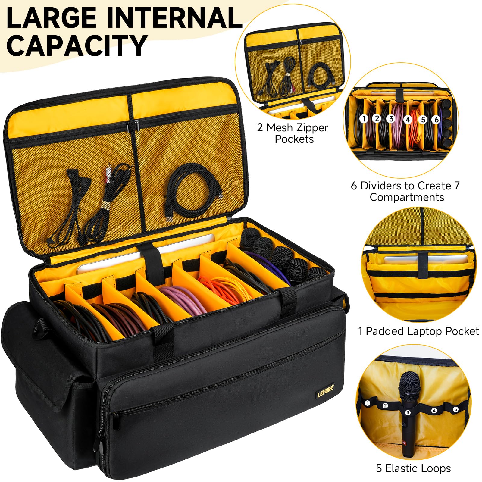 Grand sac pour matériel DJ avec 6 séparateurs amovibles,pochette pour câbles DJ avec emplacements pour ordinateur portable et microphone,sac de rangement pour matériel DJ,musiciens et accessoires