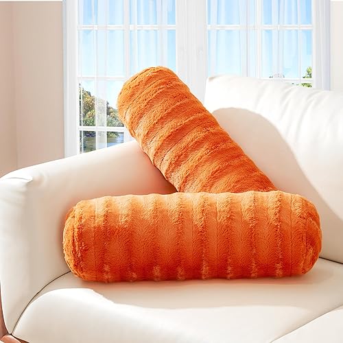 Miniatura 15 de Cheer Collection Almohadas cilíndricas de piel sintética – Almohadas cilíndricas decorativas suaves para cama o sofá, lavables a máquina, 8 x 24 Azul