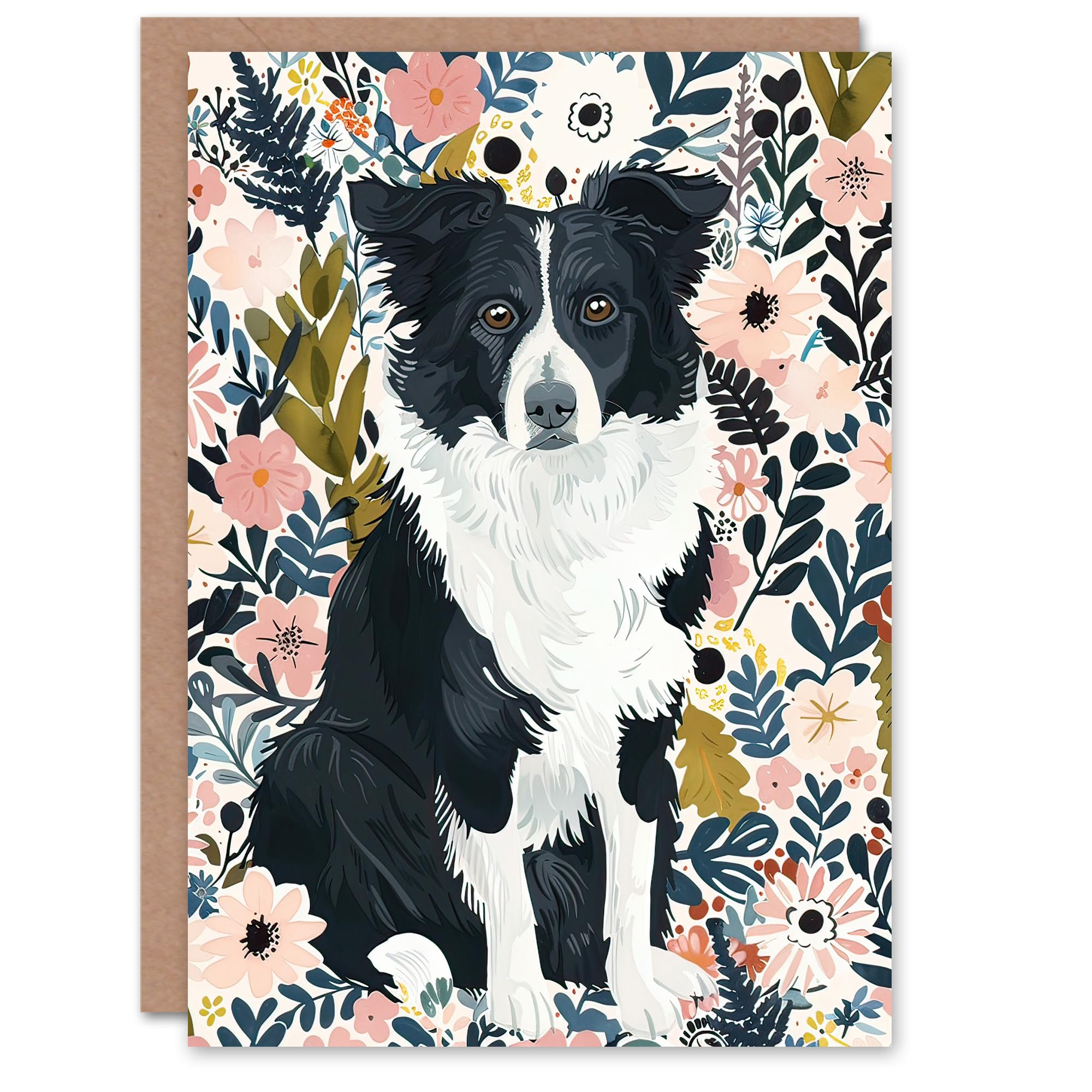 Artery8 Greeting Card Border Collie Dog Lover Pink Floral Portrait For Her Woman Birthday Card