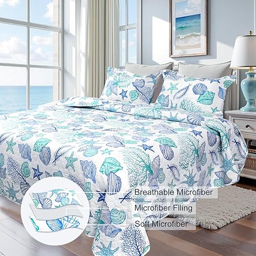 Miniatura 4 de Ycosy Juego de edredón de playa costera de 3 piezas, tamaño matrimonialqueen, juego de ropa de cama con temática oceánica, color azul y verde,