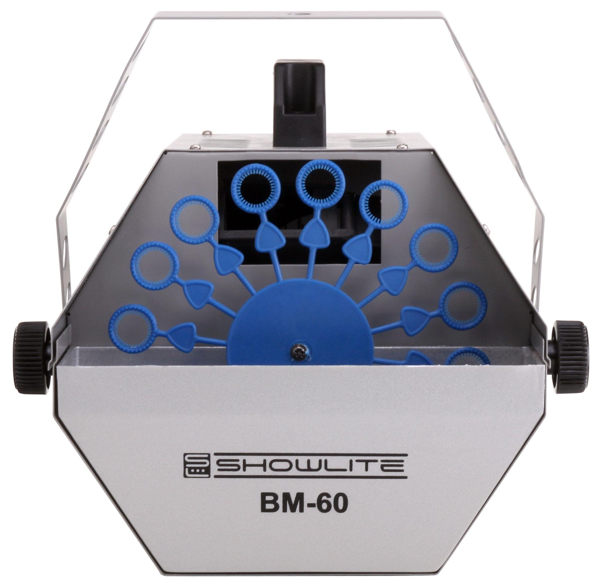 Showlite BM-60 Macchina per Bolle di Sapone 60W con Telecomando Wireless e 1L Eurolite Fluido UV blu (serbatoio 0,6l, 2-3 ore di funzionamento a serbatoio pieno, effetto festa, bolle da discoteca)