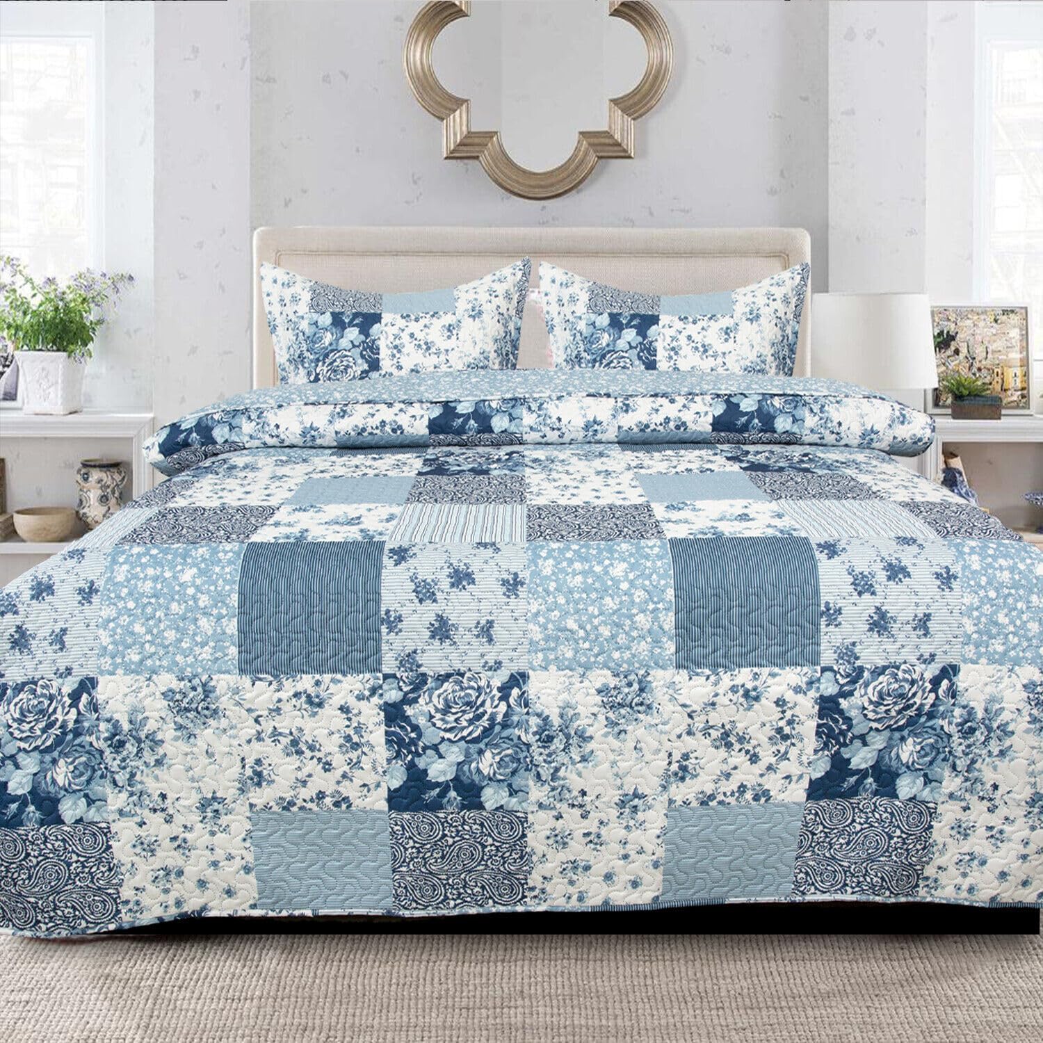 King Size Cotton Bedding Reversible Patchwork Quilt Blanket Bed Sheet