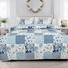King Size Cotton Bedding Reversible Patchwork Quilt Blanket Bed Sheet Printed Bedding Set - 100% Cotton 3Piece Comforter Set + 2 Pillow Sham (ICE BLUE FLORAL(Des 6))