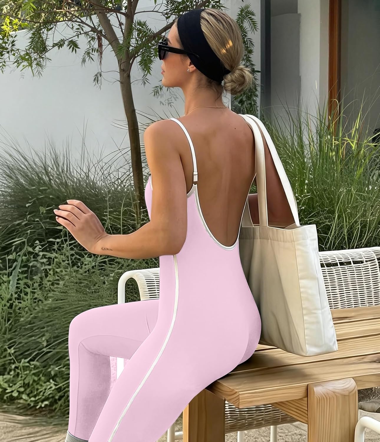 YOAKUKA Women's Seamless Workout Jumpsuit Backless Bodycon Romper Spaghetti Strap Tummy Control Bodysuit Gym Pilates Outfit
