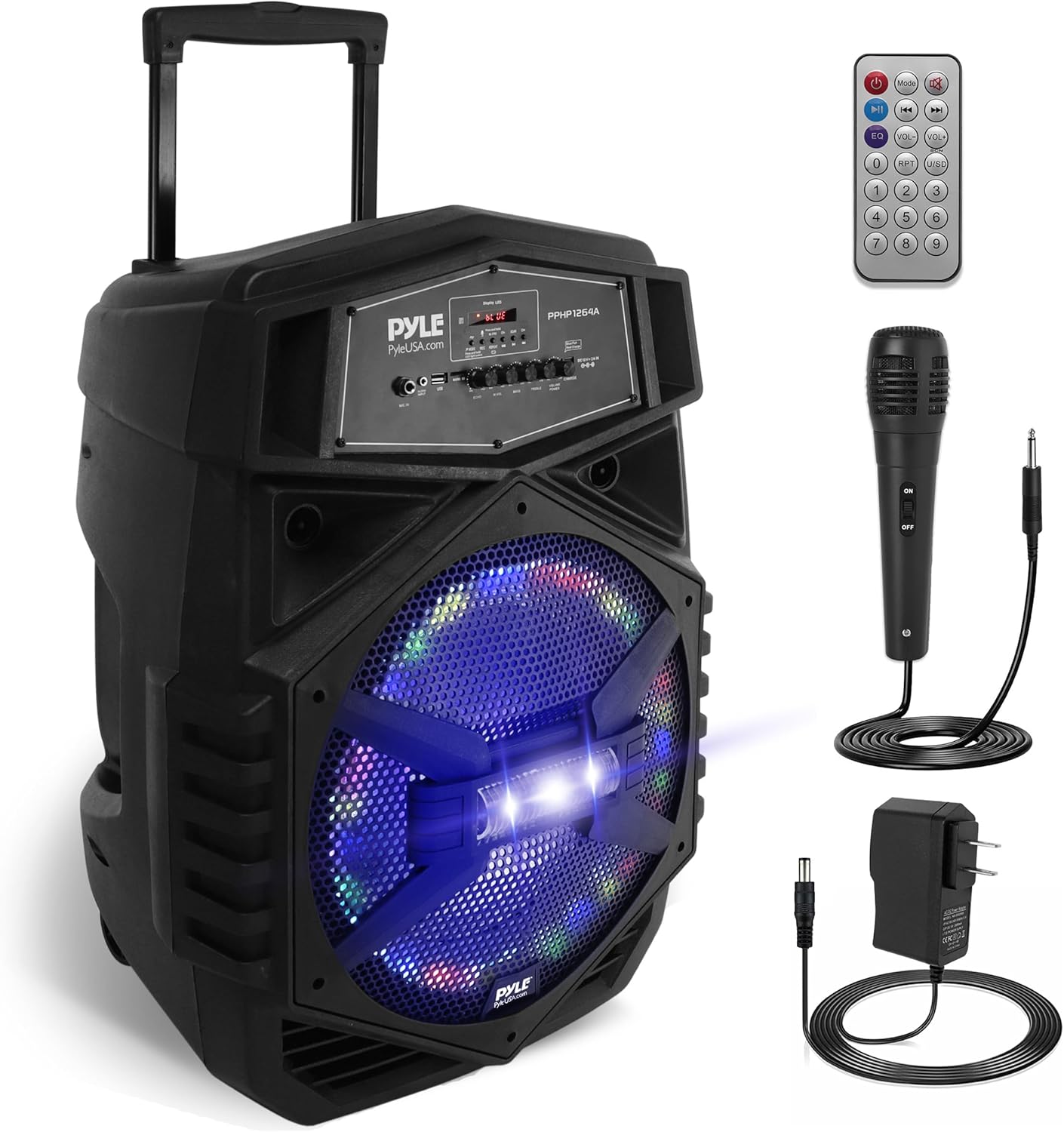 Pyle 12'' Portable Bluetooth Speaker System - 1000W Karaoke Speaker w/ LED Lights, USB/Micro SD/FM/BT/Aux/Remote Control/Mic & Guitar Inputs, Built-in Rechargeable Battery w/ Wheels & Handle Bar