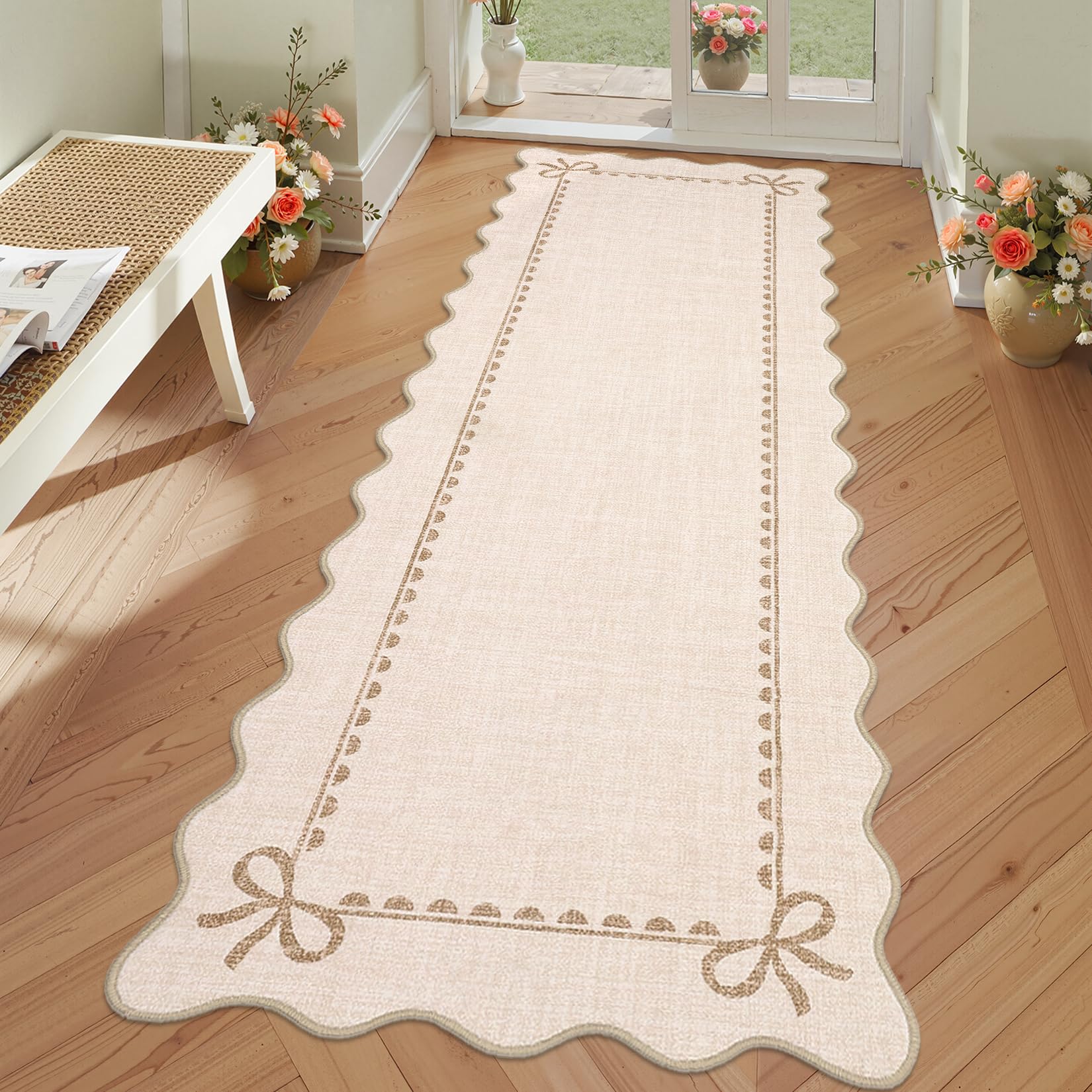 GarveeHome Scalloped Bow Rug for Living Room, Solid Beige Rug for Dorm, Washable Runner Rug 2.5x10 Soft Low Pile Non Slip Scalloped Rugs for Nursery