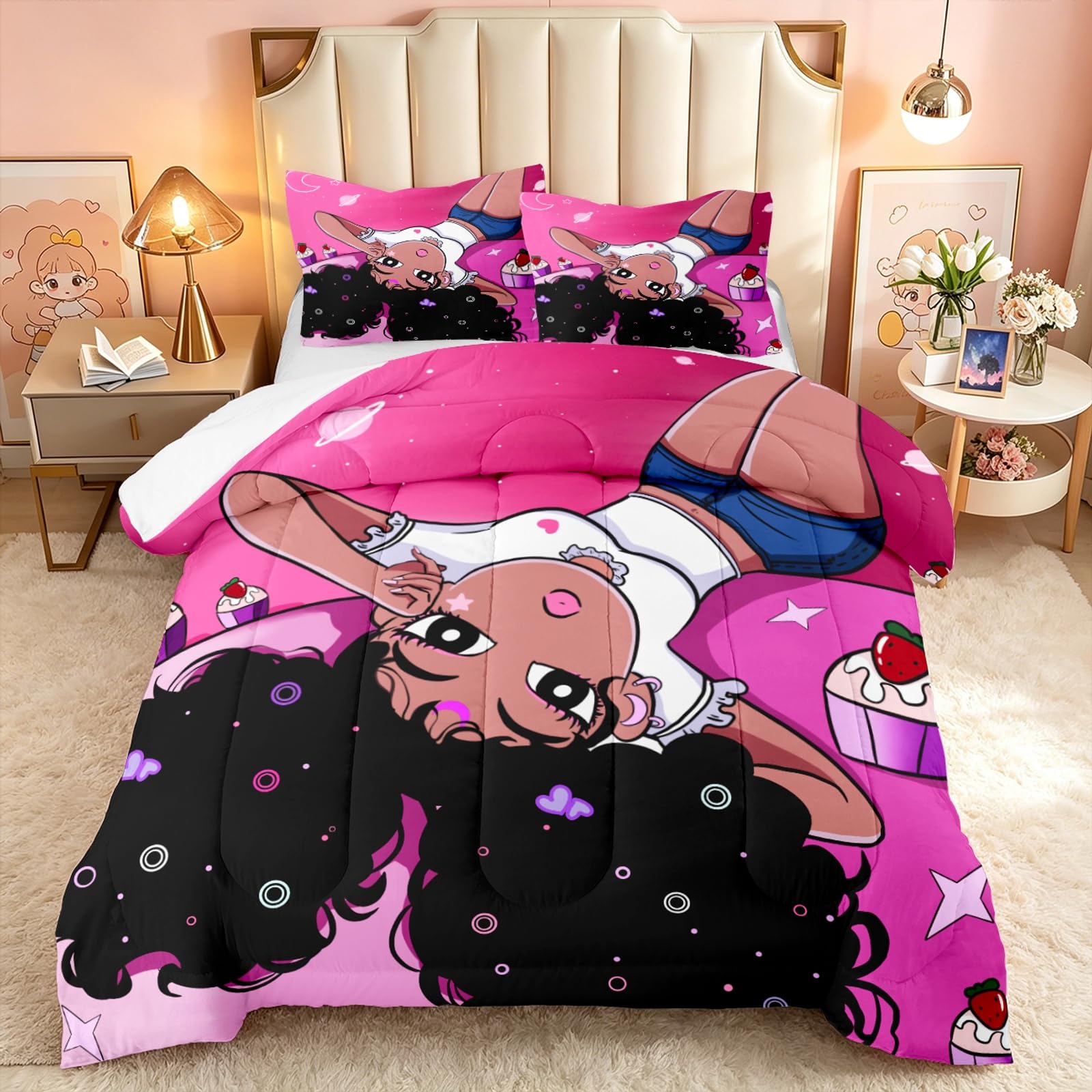 Parure de lit Afro-américaine rose pour lit simple de fille avec taie