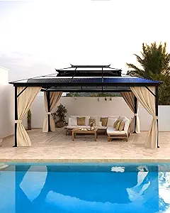 Hardtop Gazebo 10'x13' for All Weather, Double Polycarbonate Sheets Roof, Aluminum Alloy Frame, Net, and Curtain, Permanent Building for Patio, Deck, Backyard, Lawn, and Garden, Khaki
