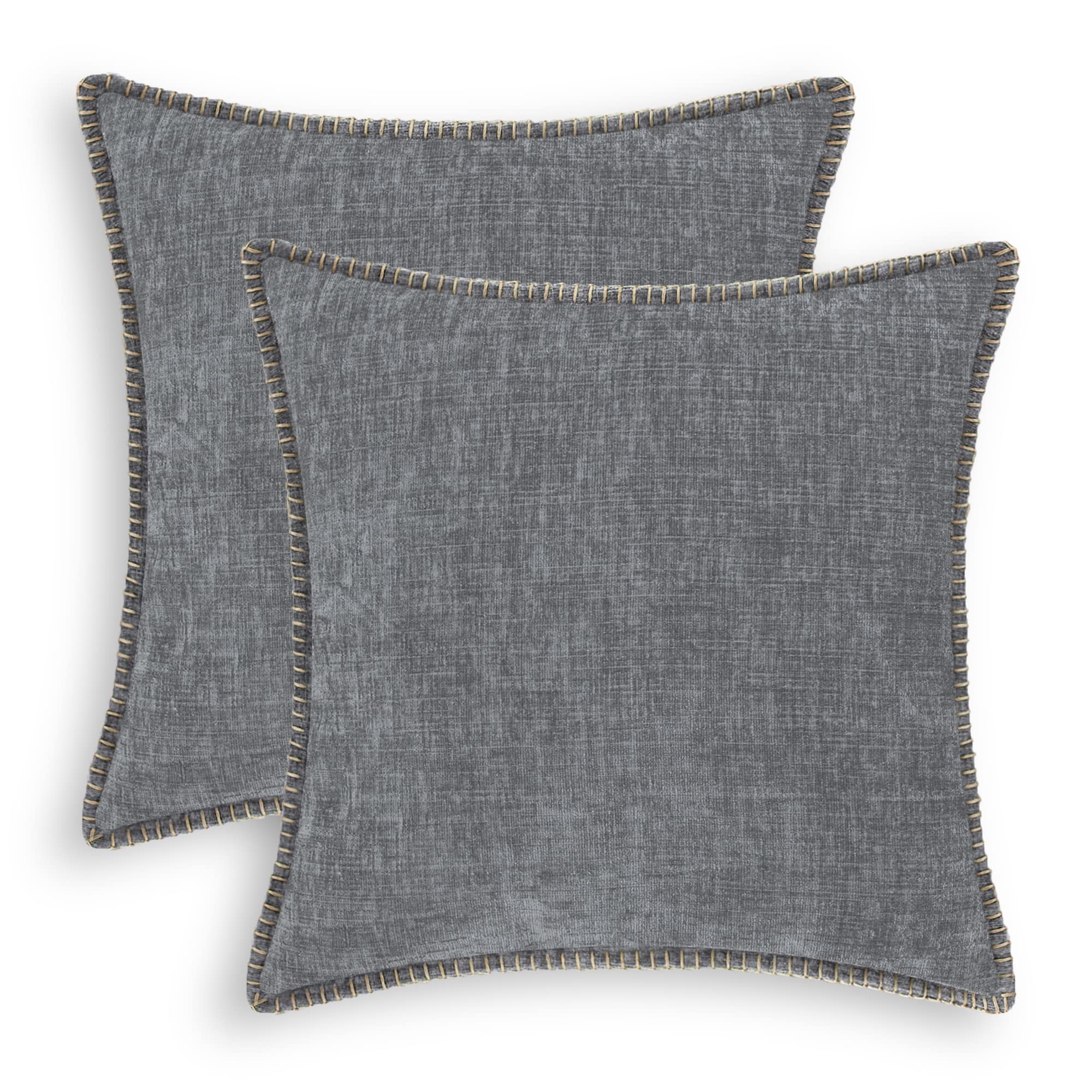 CaliTime Throw Pillow Cases Pack of 2 Cotton Thread Stitching Edges Solid Dyed Soft Chenille Cushion Covers for Couch Sofa Home Farmhouse Decoration 18 X 18 Inches Medium Grey