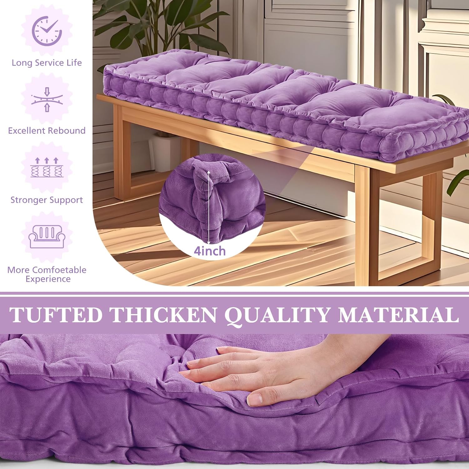 Threehoney Bench Cushions for Indoor Furniture 42x16 in Velvet Kitchen Dining Piano Window Seat Cushion, Tufted Patio Porch Swing Thicken Bench Pad Memory Foam(Light Purple)