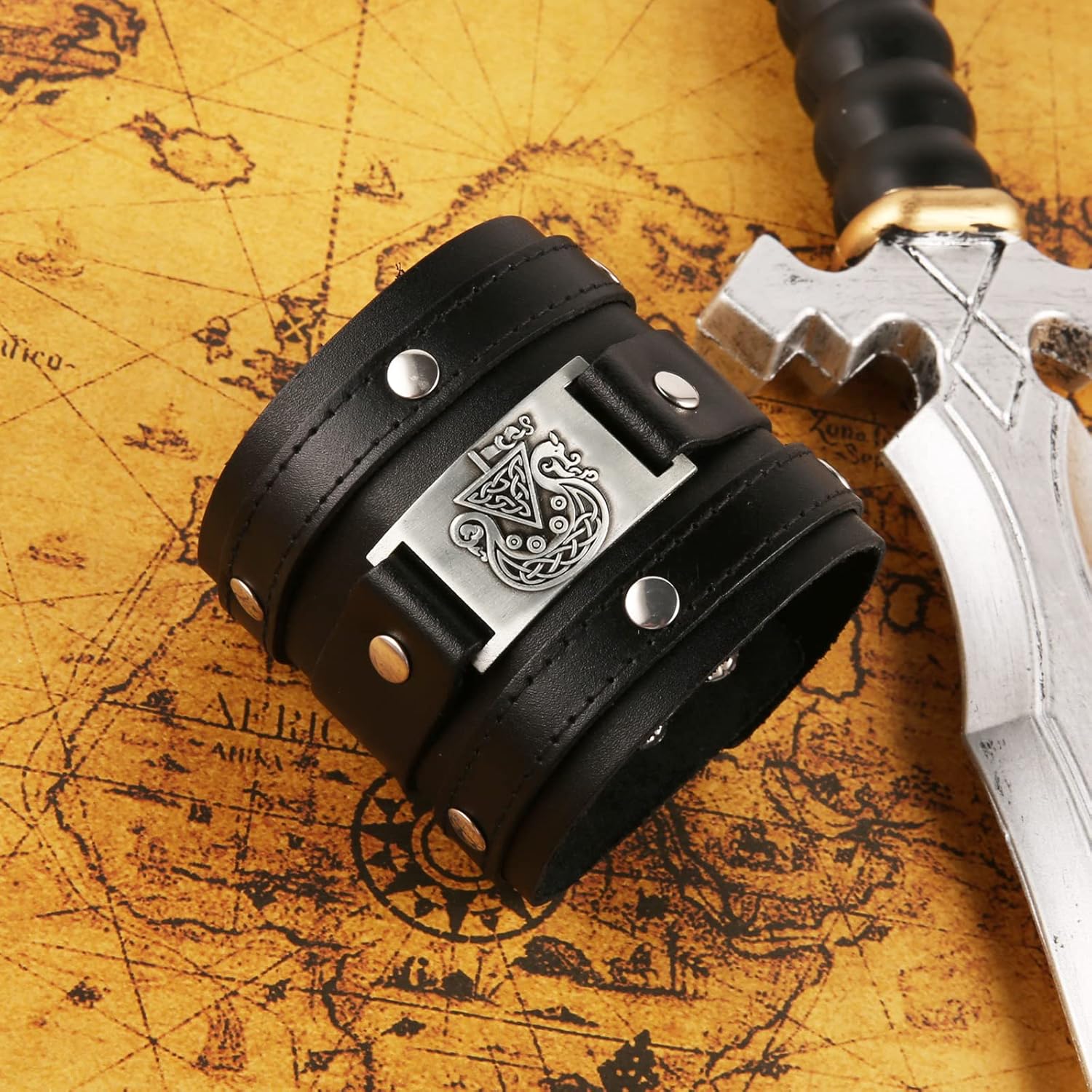 HZMAN Leather Bracelets for Men Viking Retro Wide Cuff Bracelet Black Leather Wristband Bracelet Jewelry Gift - Image 6