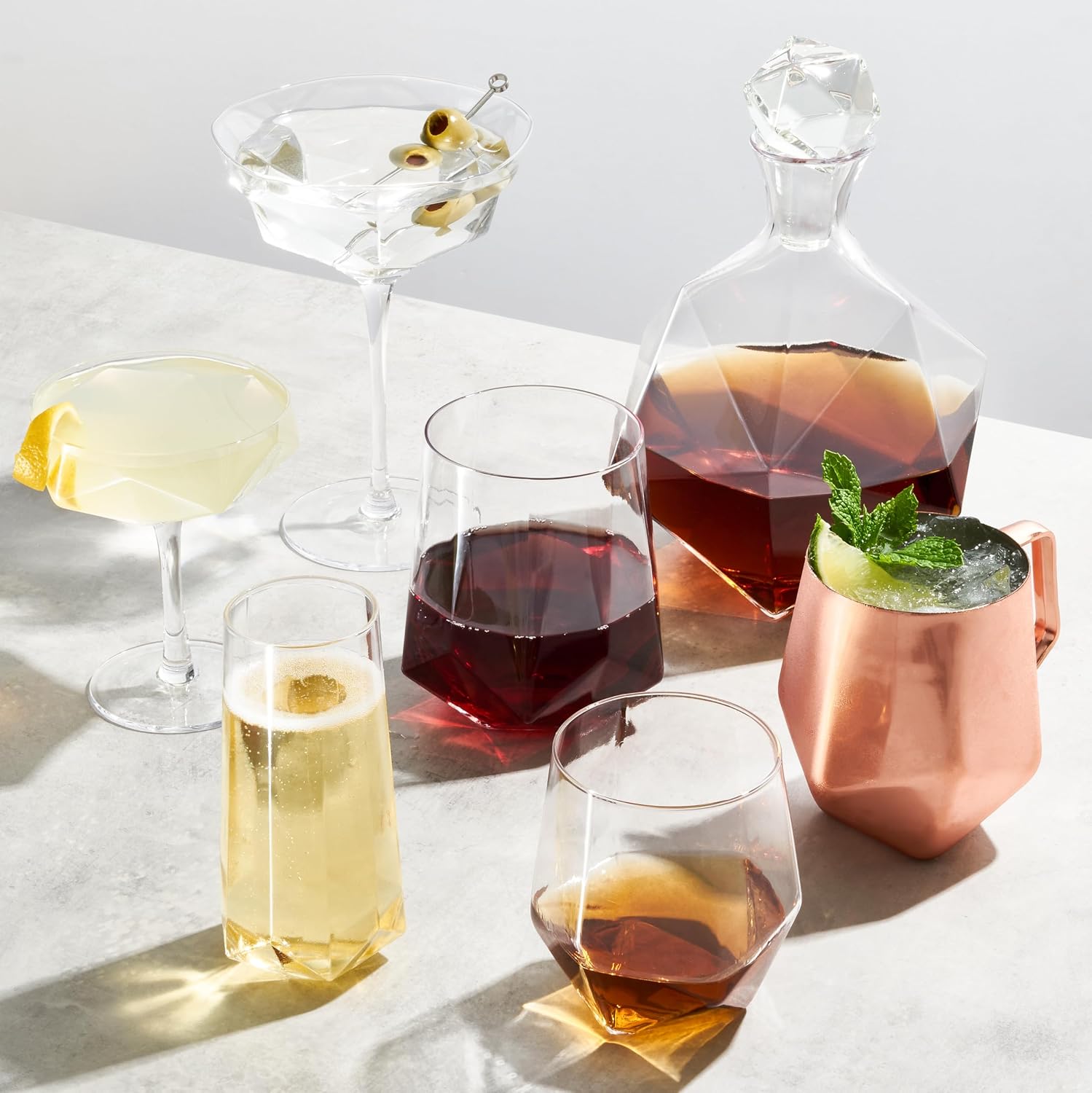 Viski Faceted Martini Glasses, Set of 2 Lead-Free Crystal Cocktail Coupes, 10 oz